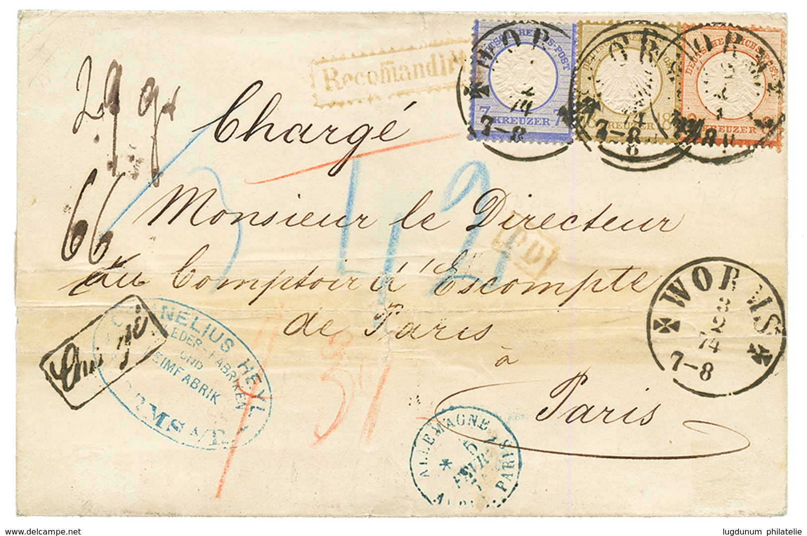 ALLEMAGNE : 1874 7K + 9K + 18K Canc. WORMS + CHARGE + RECOMMANDIRT On REGISTERED Cover (Triple Rate) To FRANCE. HENNIES  - Autres & Non Classés