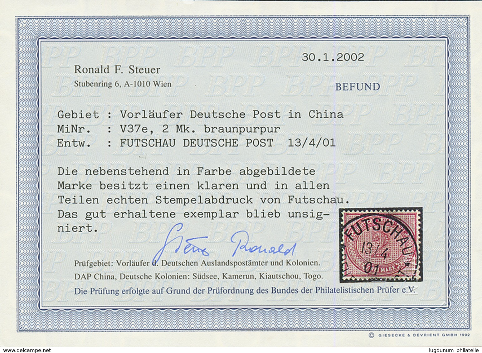 CHINA - VORLAUFER : 2 MARK (v37e) Canc. FUTSCHAU. VERY RARE (STEUER = 30€x40= 1200€). STEUER Certificate (2002). Superb. - China (oficinas)