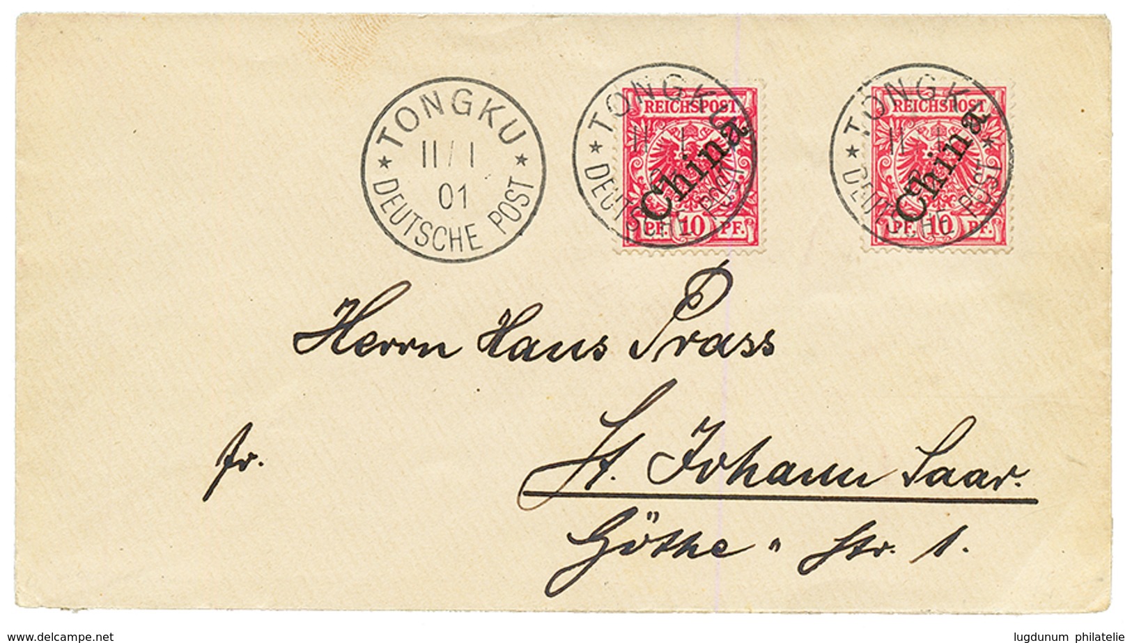 CHINA : 1901 10pf(n°1I) + 10pf(n°1II) Canc. TONGKU On Envelope To GERMANY. Nice Combination. Superb. - Chine (bureaux)