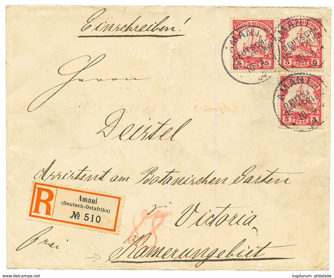 "AMANI Via ITALY To CAMEROONS" : 1904 DOA 5p(x3) Canc. AMANI On REGISTERED Envelope To "BOTANISCHEN GARTEN, VICTORIA KJA - África Oriental Alemana