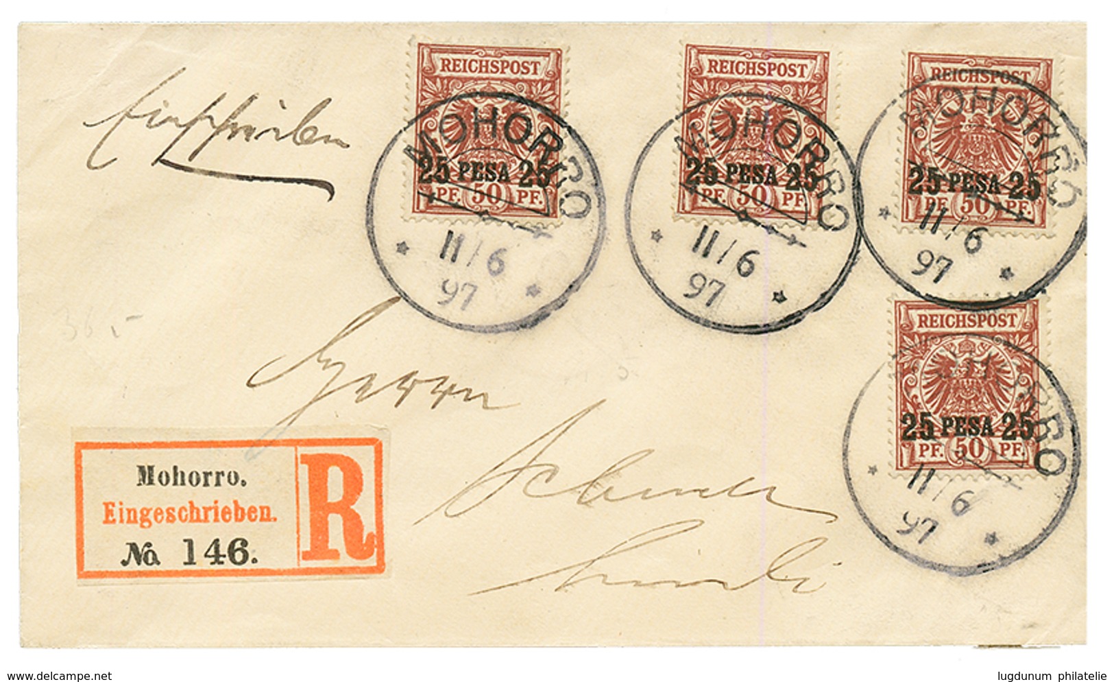 DOA : 1897 25p On 50pf(x4) Canc. MOHORRO On REGISTERED Envelope To LINDI. Verso, KILWA + LINDI. Vvf. - Afrique Orientale