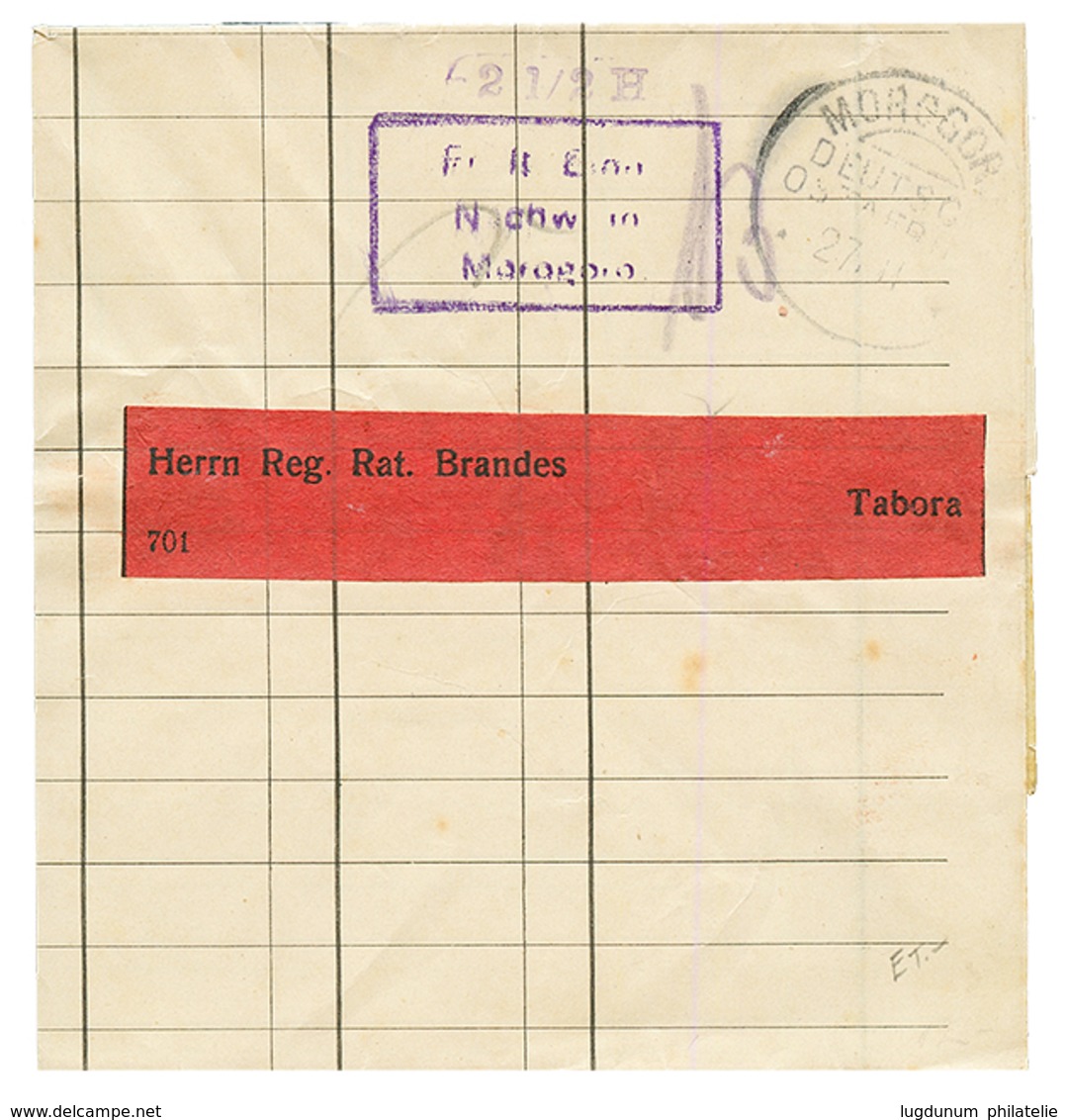 DOA : 1915 2 1/2 HELLER Violet + MOROGORO (year 16 Missing) On Printed Matter To TABORA. Vf. - Deutsch-Ostafrika