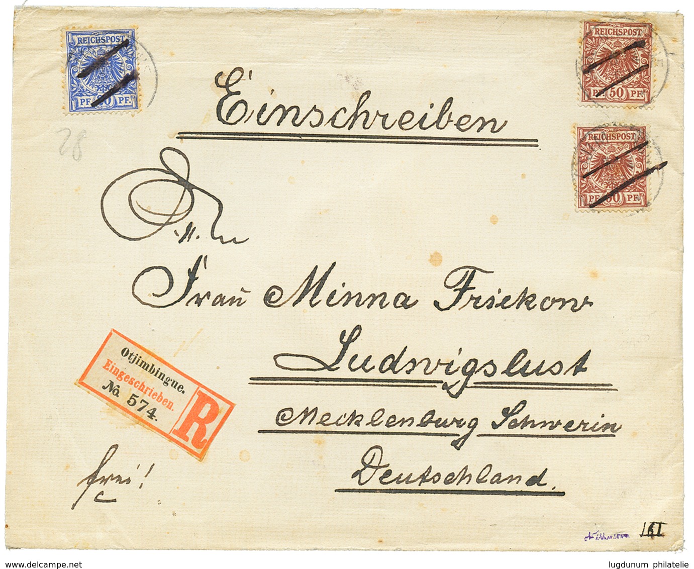 DSWA : 1897 VORLAUFER 20pf + 50pf(x2) Pen Cancel + OTJIMBINGUE On REGISTERED Envelope From "DAMARALAND" To GERMANY. Vers - Sud-Ouest Africain Allemand