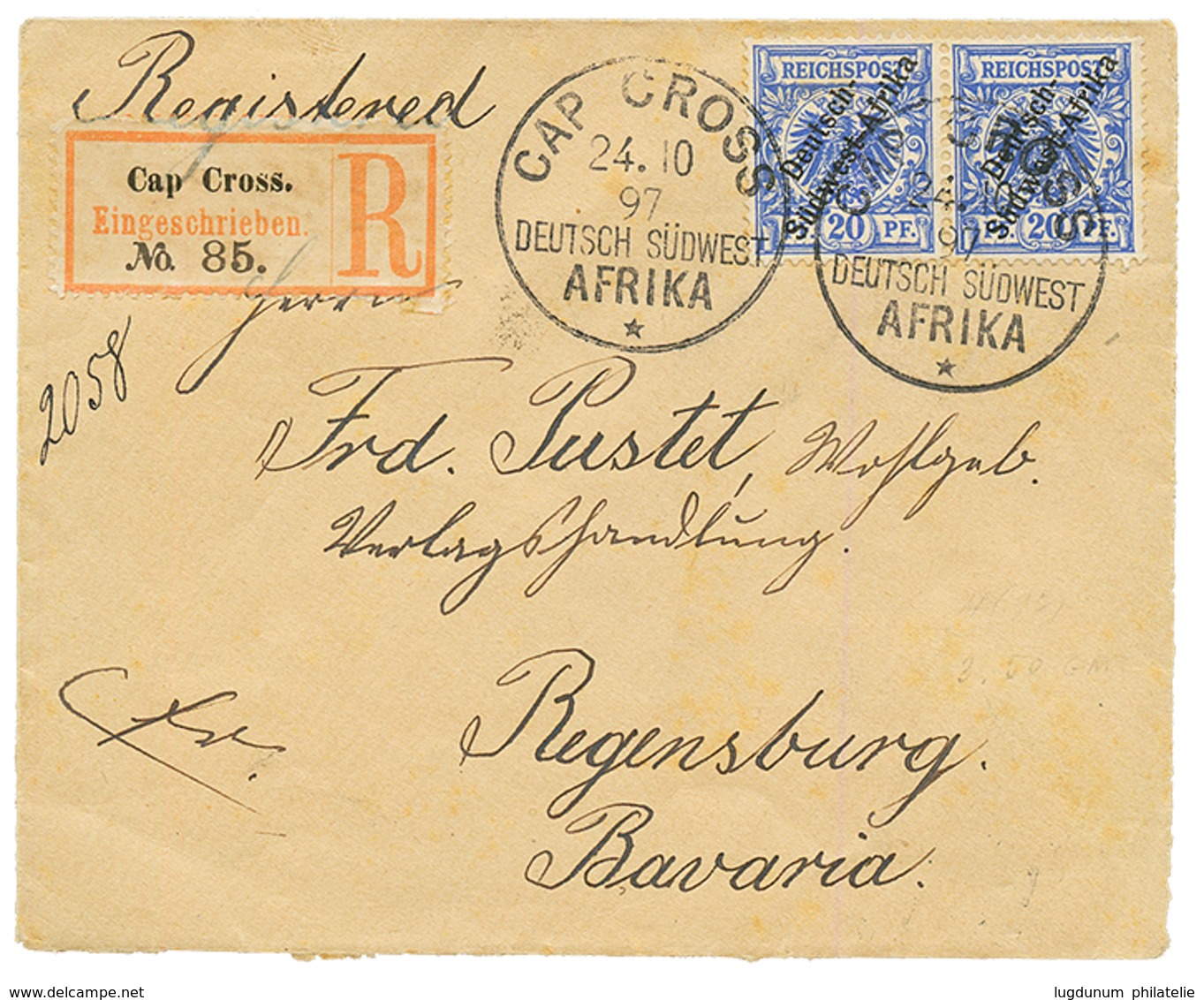 DSWA : 1897 20pf(x2) Canc. CAP CROSS On REGISTERED Envelope To BAVARIA. Superb. - África Del Sudoeste Alemana