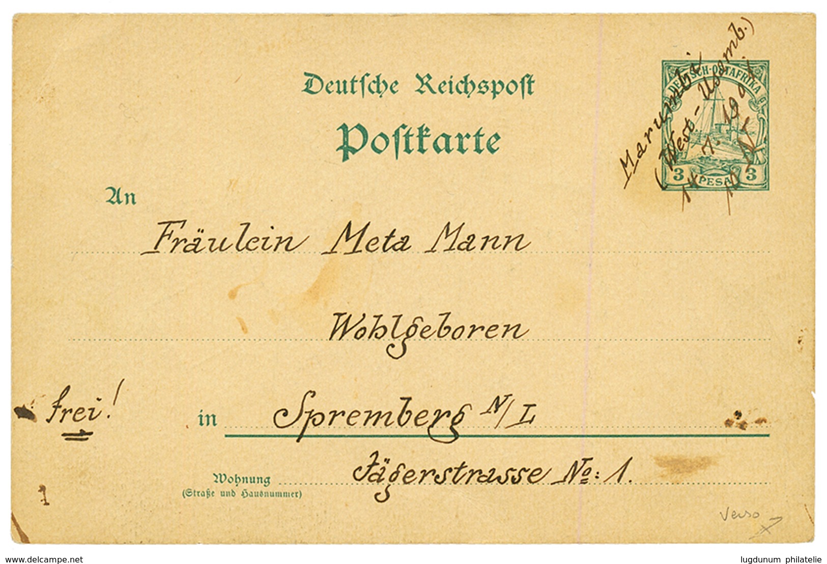 "MARUMBI" : 1901 DSWA P./Stat 3p Pen Cancel MARUMBI / WEST USEMN. / 14.7.1901 To GERMANY. Scarce. Superb. - África Del Sudoeste Alemana