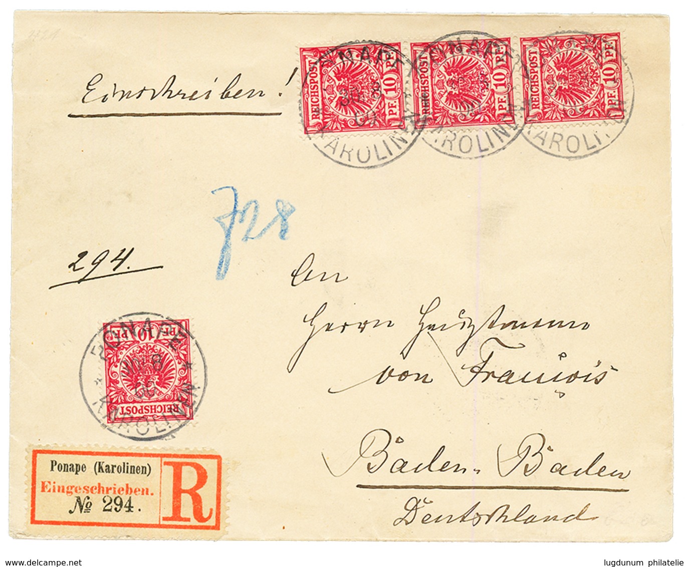 CAROLINES Islds - VORLAUFER : 1900 10pf(x4) Canc. PONAPE KAROLINEN On REGISTERED Cover To BADEN. RARE. Vvf. - Carolines