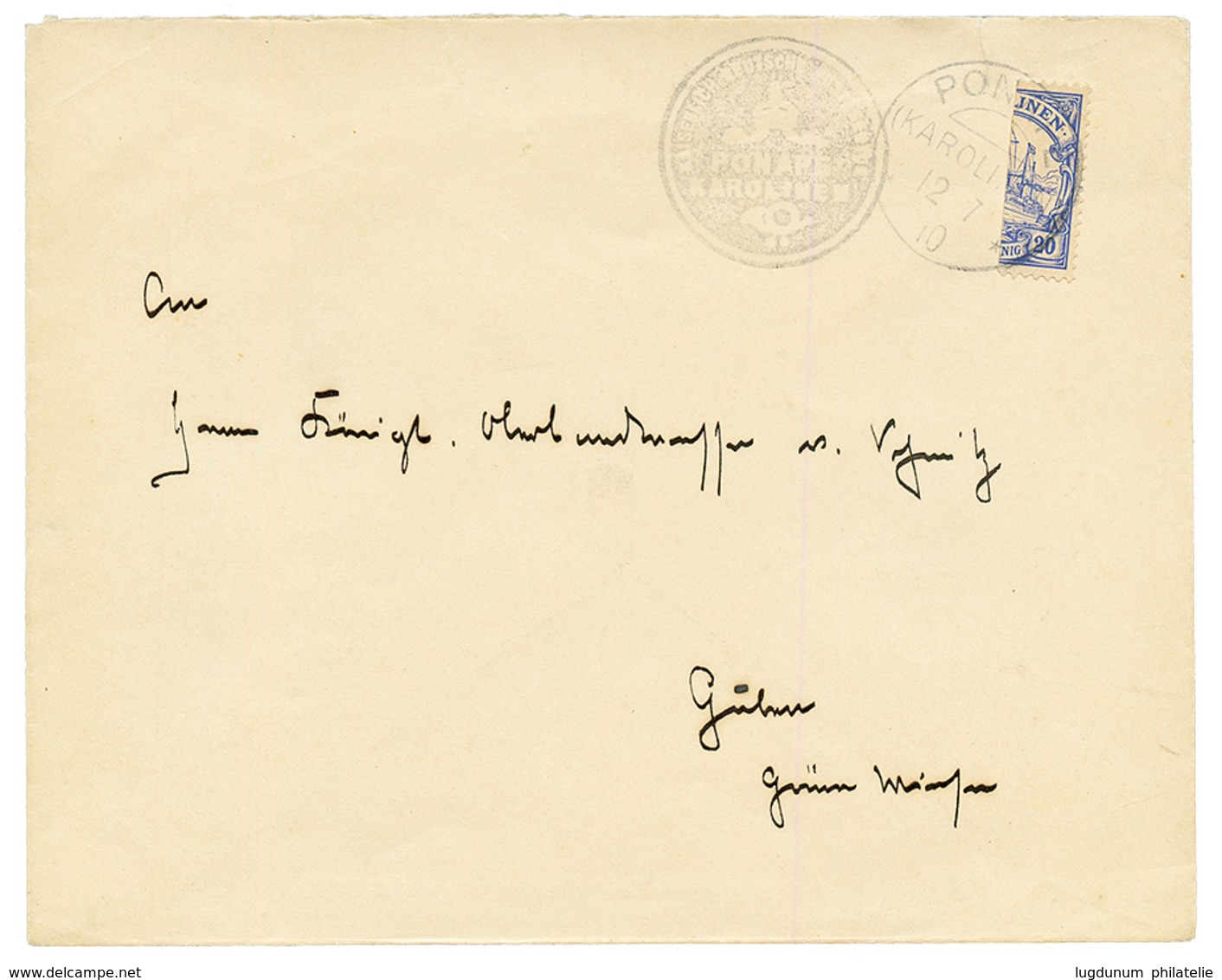 KAROLINEN : 1910 Bisect 20pf (n°10H) Canc. PONAPE On Envelope To GERMANY. RARE. JÄSCHKE-LANTELME Certificate (2018). Mic - Isole Caroline