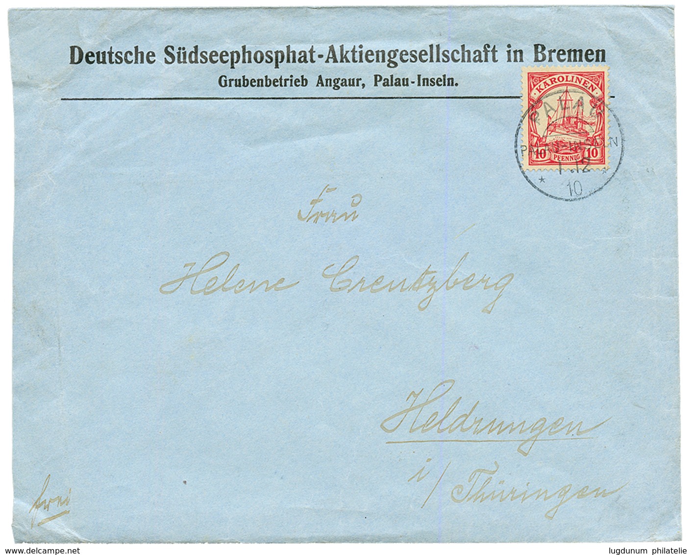 CAROLINES : 1910 10pf Canc. PALAU PALAU-INSELN On Commercial Envelope To GERMANY. Vvf. - Isole Caroline