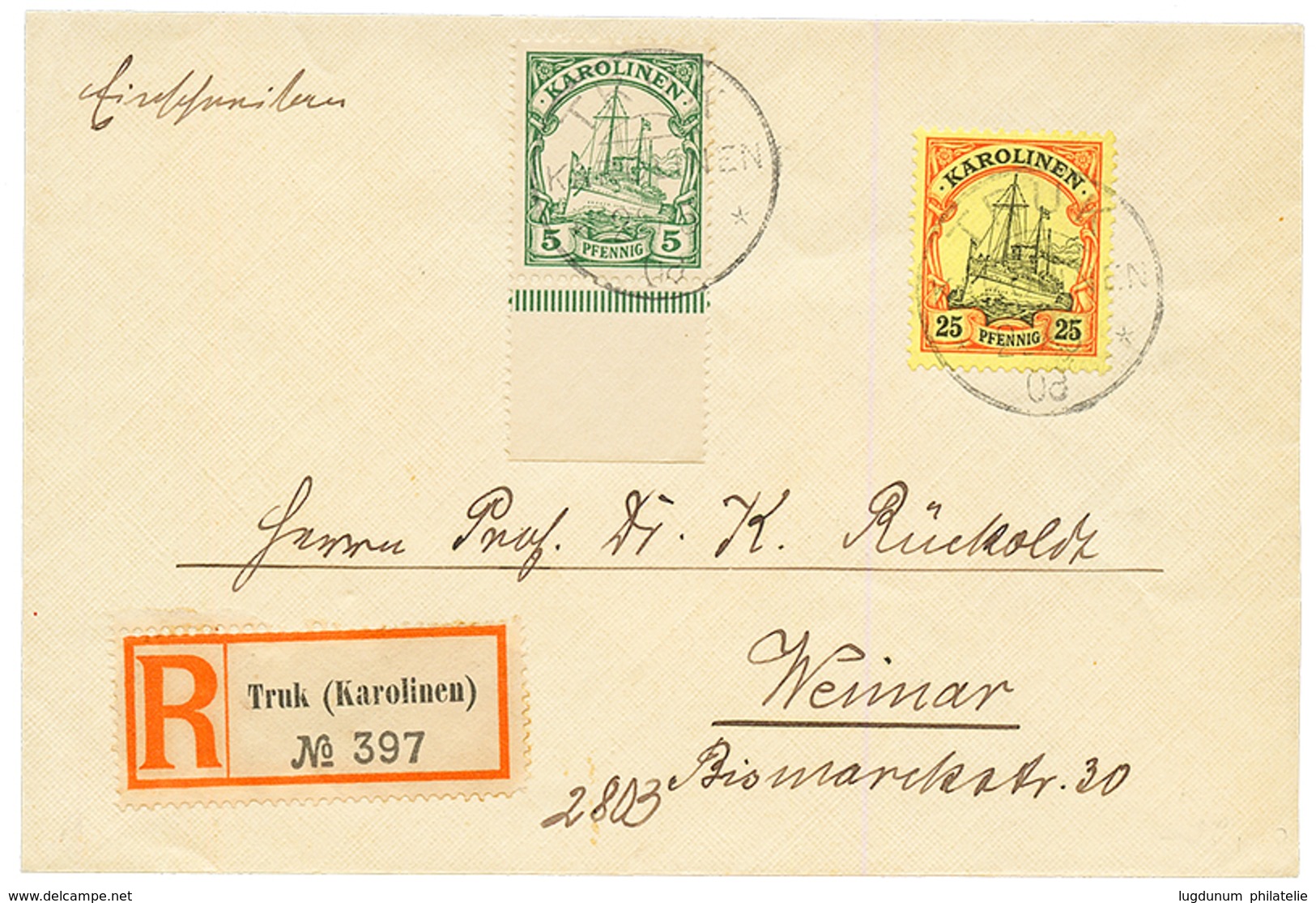 CAROLINES : 1908 5pf + 25pf Canc. TRUK KAROLINEN On REGISTERED Envelope To WEIMAR. RARE. Vf. - Carolines