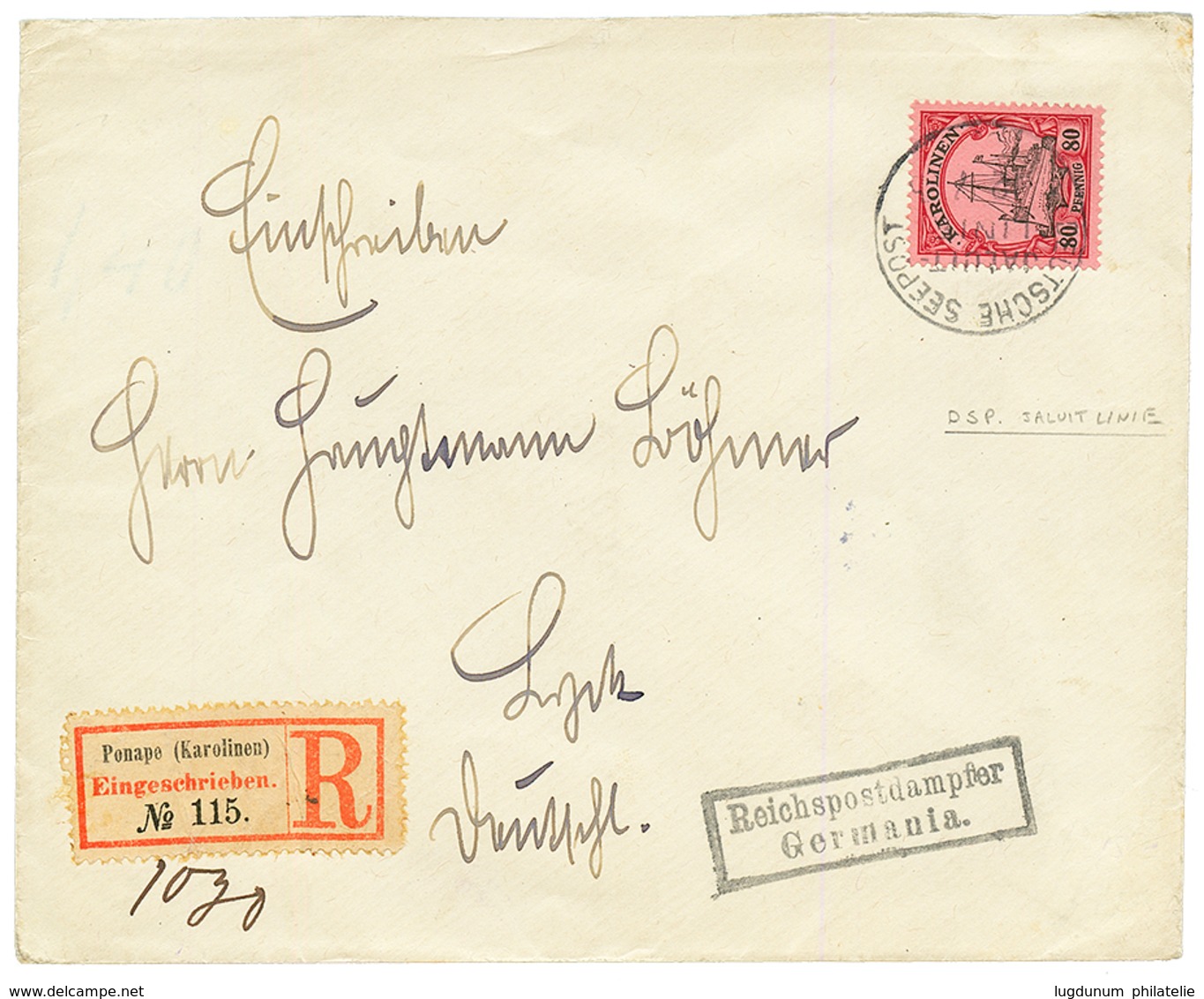 CAROLINES - MARITIME : 1905 80pf Canc. DEUTSCHE SEEPOST JALUIT LINIE + REGISTERED Label PONAPE To GERMANY. Vf. - Carolines