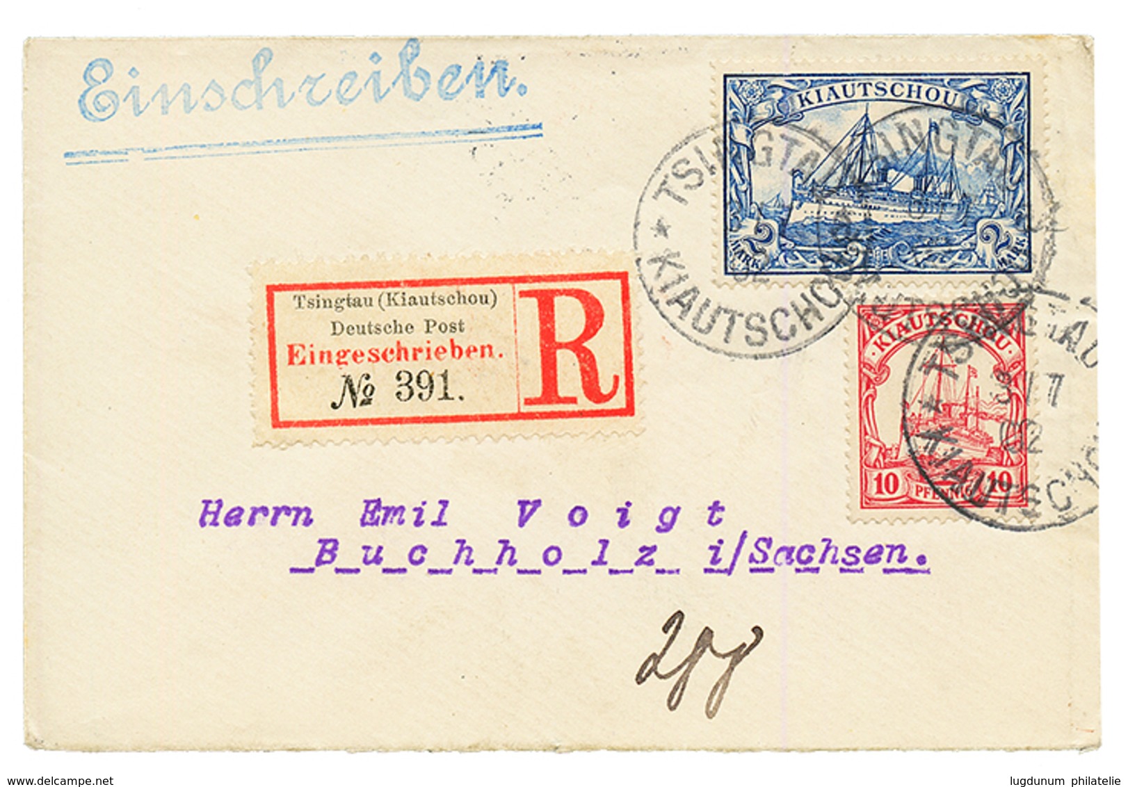 KIAUTSCHOU : 1902 2 MARK + 10pf Canc. TSINGTAU On REGISTERED Envelope To GERMANY. Signed SCHIMDT. Vvf. - Kiautchou