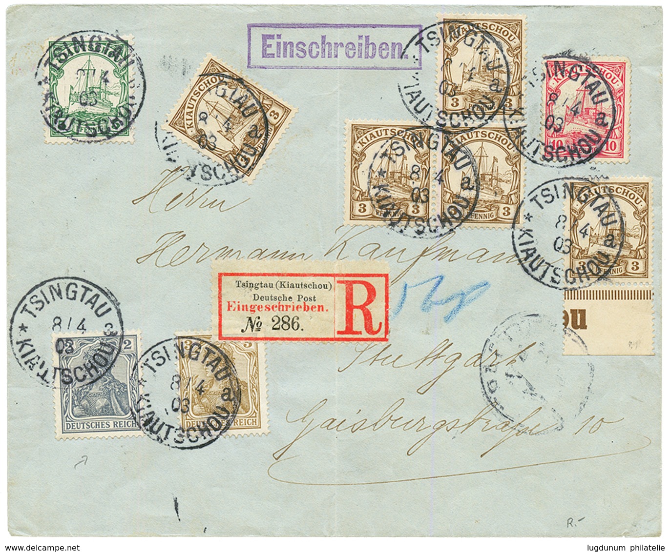 KIAUTSCHOU : 1903 MIXT GERMANY 2pf + 3pf + KIAUTSCHOU 3pf(x5) + 5pf + 10pf Canc. TSINGTAU On REGISTERED Envelope To STUT - Kiautchou