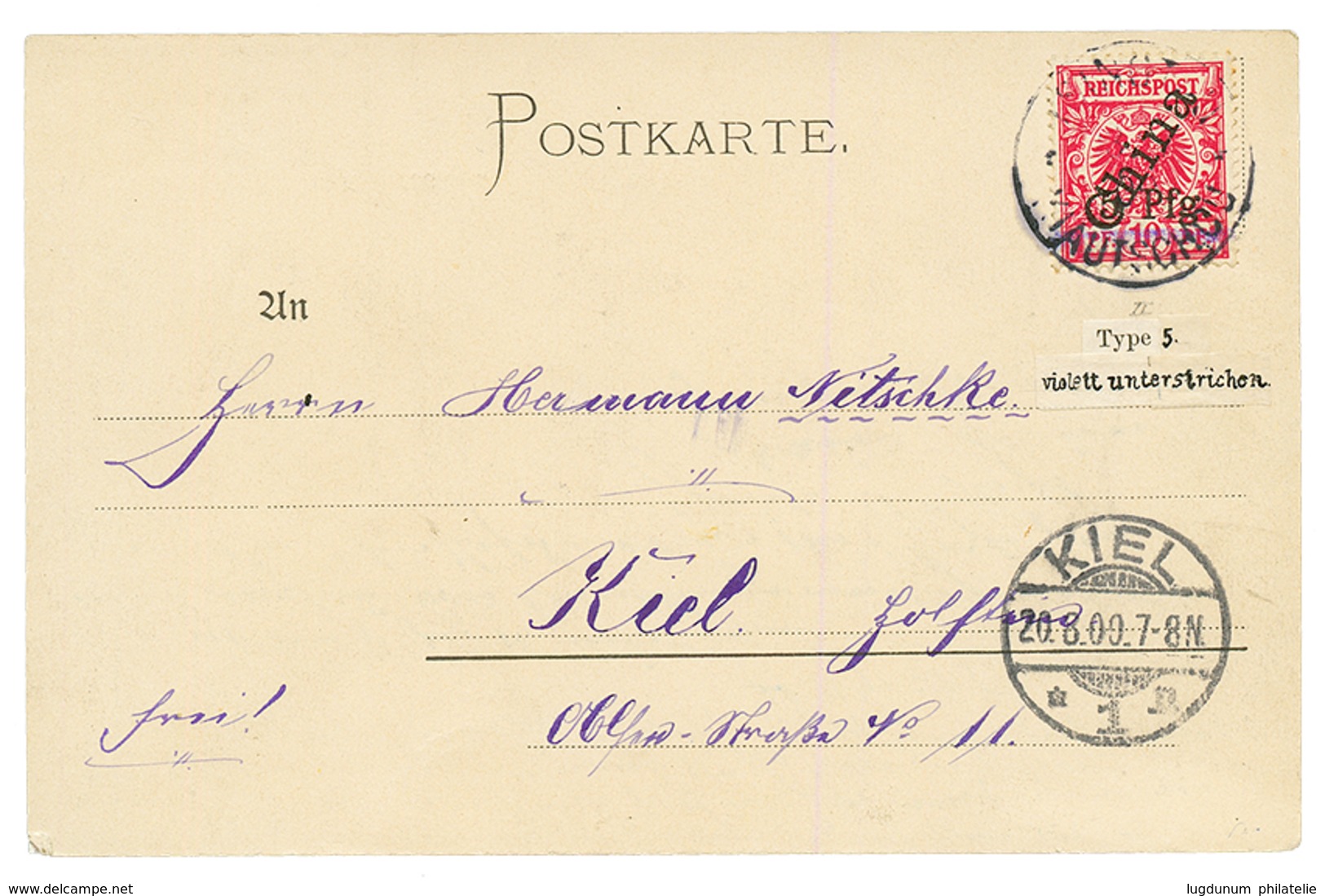 KIAUTSCHOU : 1900 5Pfg On 10pf (n°1) "Mit Violettem Strich" Canc. TSINGTAU On Card To KIEL. Vf. - Kiautchou
