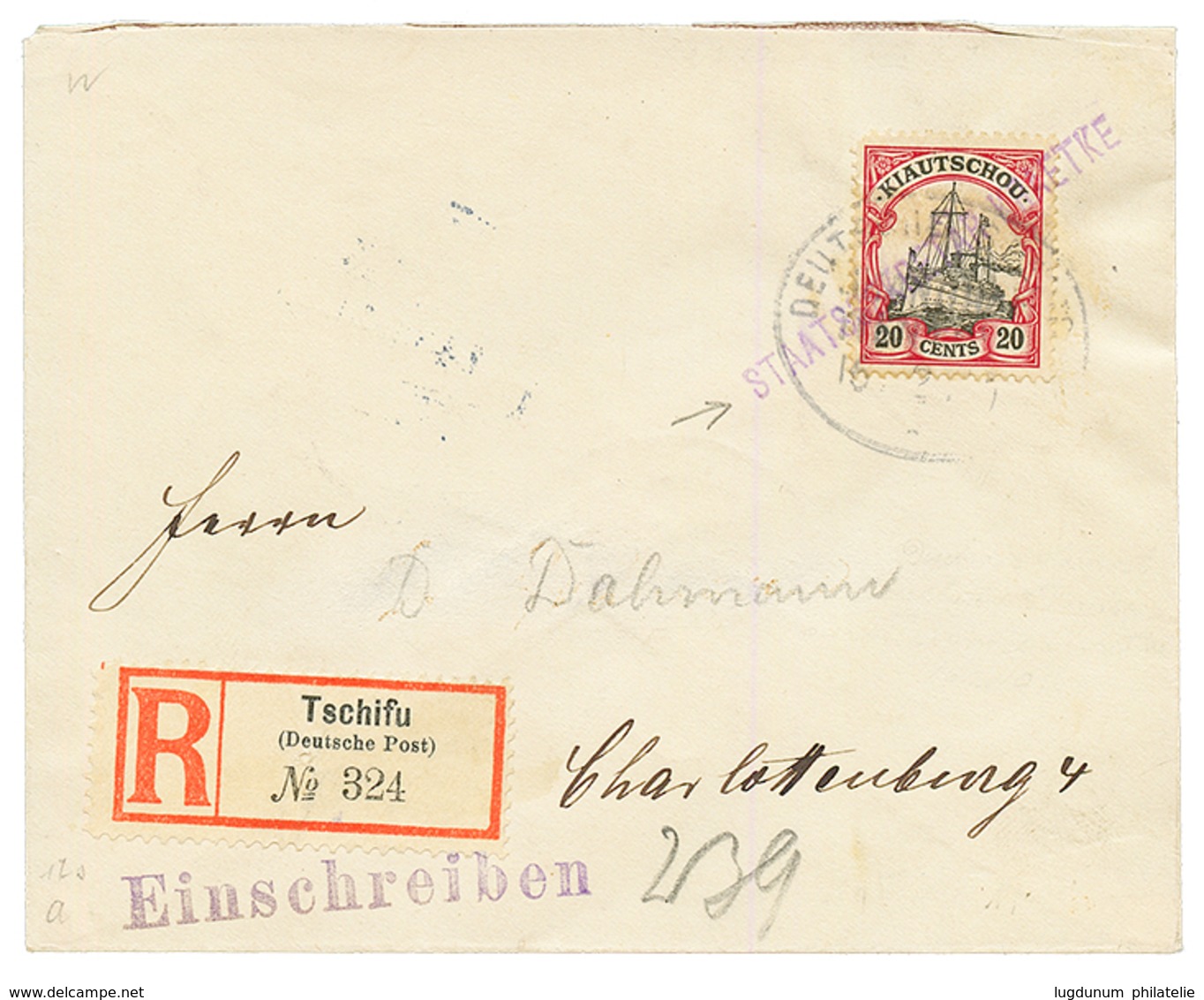 KIAUTSCHOU - MARITIME : 1910 20c Canc. DEUTSCHE SEEPOST / SHANGHAI-TIENTSIN + REGISTERED Label TSCHIFU On REGISTERED Env - Kiaochow