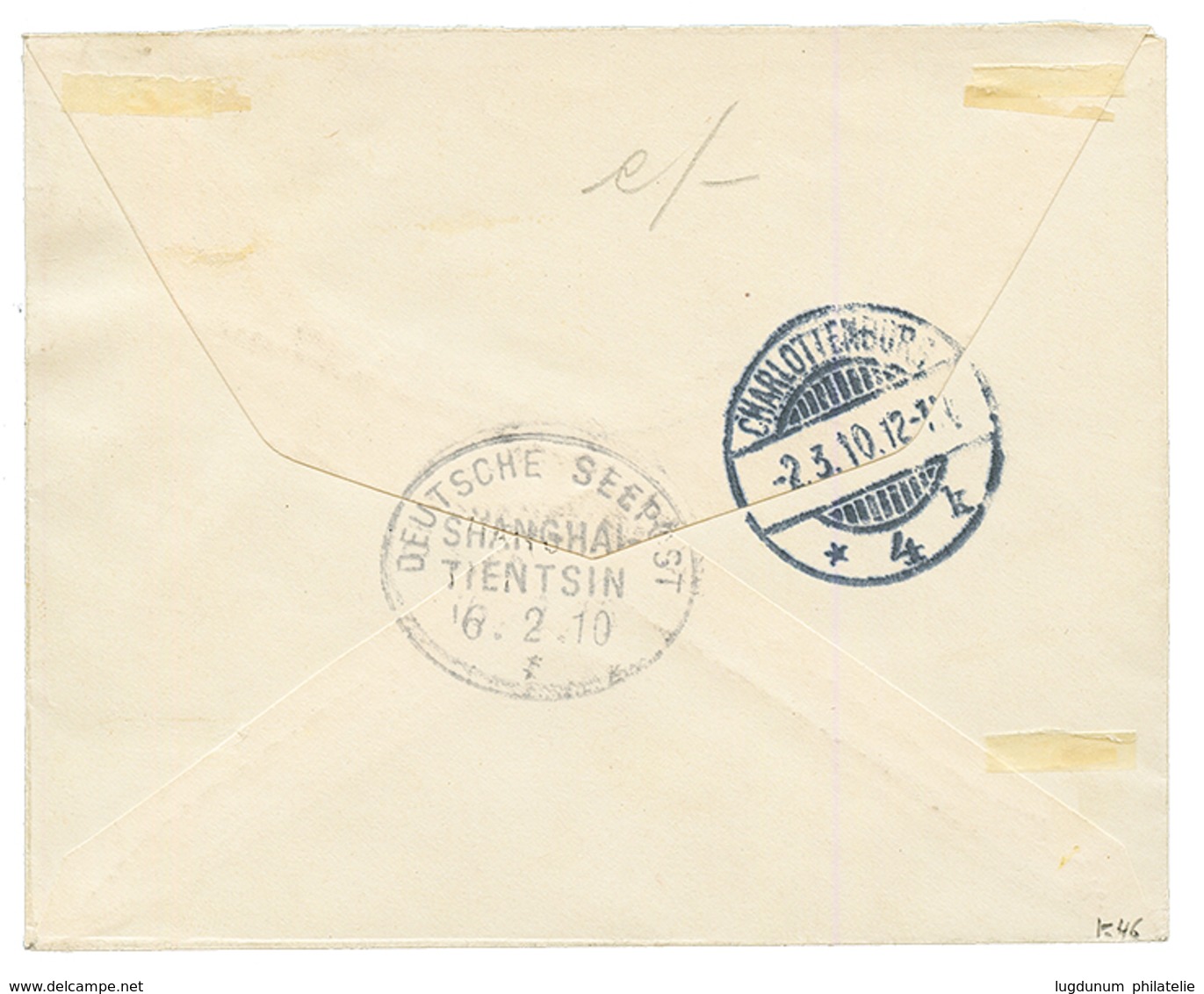 KIAUTSCHOU - MARITIME : 1910 20c Canc. DEUTSCHE SEEPOST / SHANGHAI-TIENTSIN + REGISTERED Label TSCHIFU On REGISTERED Env - Kiautchou