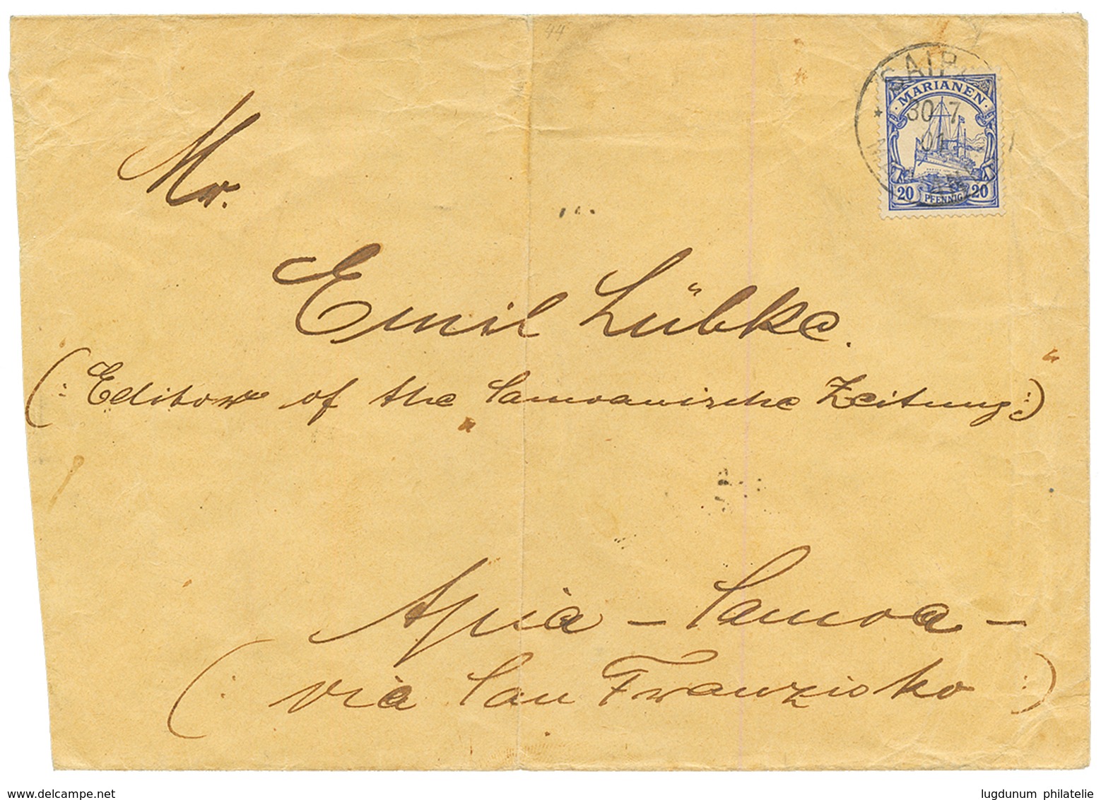 MARIANES Via GUAM & MANILA To SAMOA : 1902 20pf Canc. SAIPAN On Envelope (fault) Datelined "SMS CORMORAN" To SAMOA. Vers - Isole Marianne