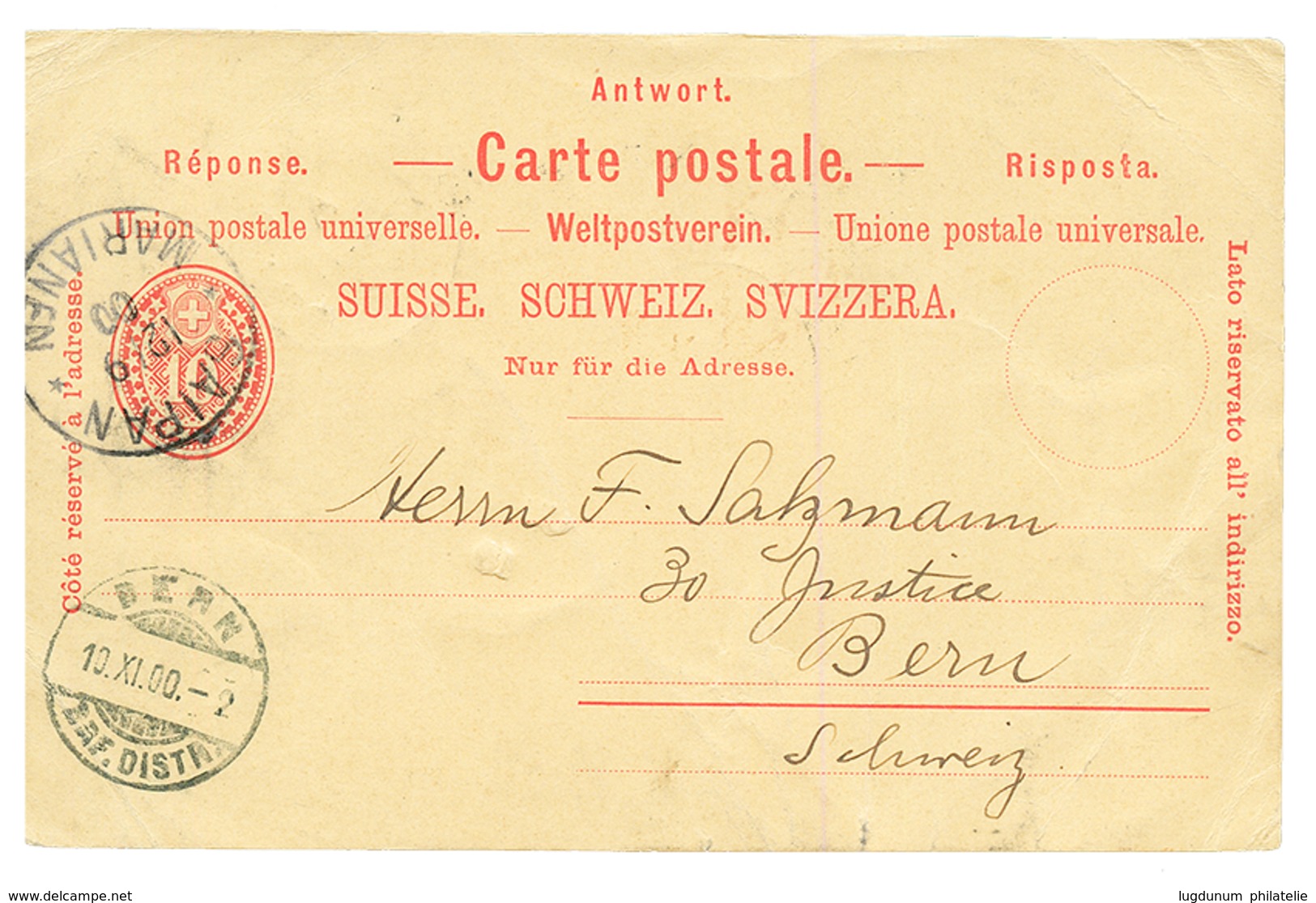 MARIANES : 1900 SWITZERLAND P./Stat 10c (crease) Canc. SAIPAN MARIANEN To BERN (SWITZERLAND). Verso, SINGAPORE TO HONG-K - Mariannes