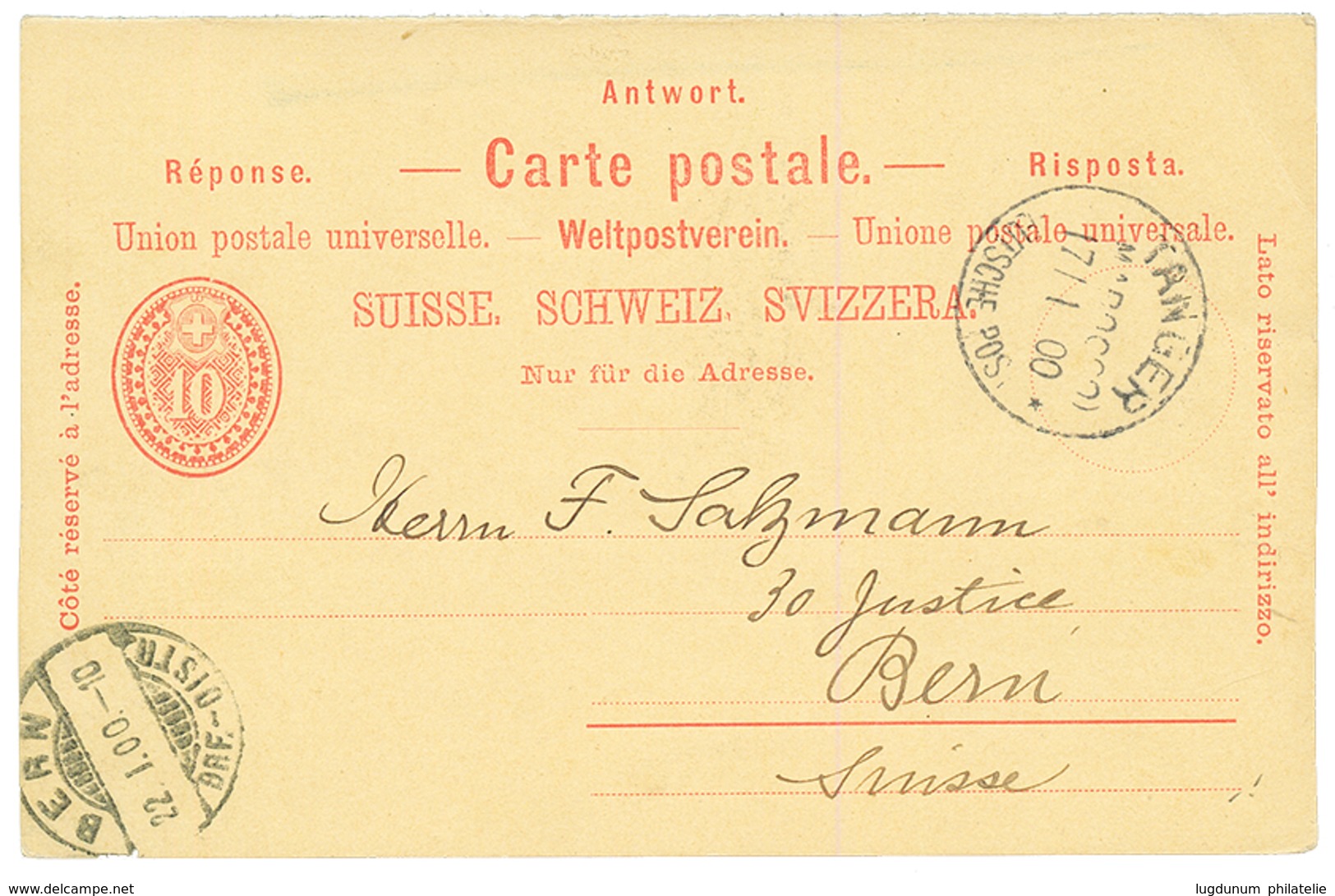 MOROCCO : 1900 SWITZERLAND P./Stat 10c Canc. TANGER To BERN(SUISSE). Scarce. Superb. - Marokko (kantoren)