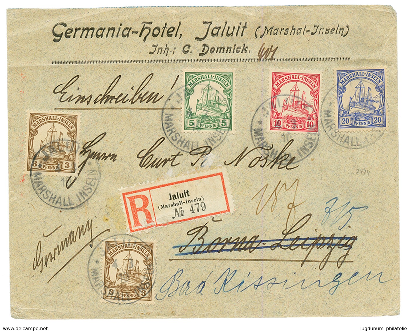 MARSHALL : 1910 3pf(x2) + 5pf+ 10pf + 20pf Canc. JALUIT On REGISTERED Envelope (GERMANIA HOTEL JALUIT) To GERMANY. Scarc - Marshall-Inseln