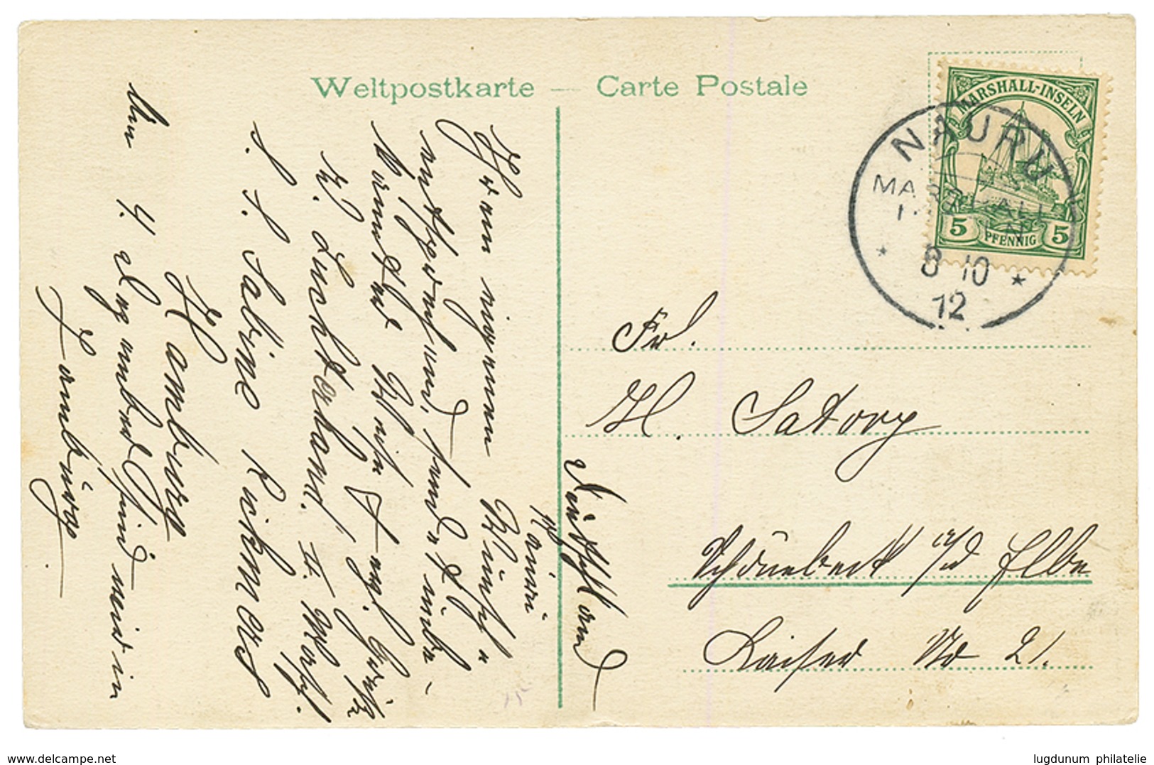 NAURU : 1912 MARSHALL 5pf Canc. NAURU On Card To GERMANY. Superb. - Marshalleilanden