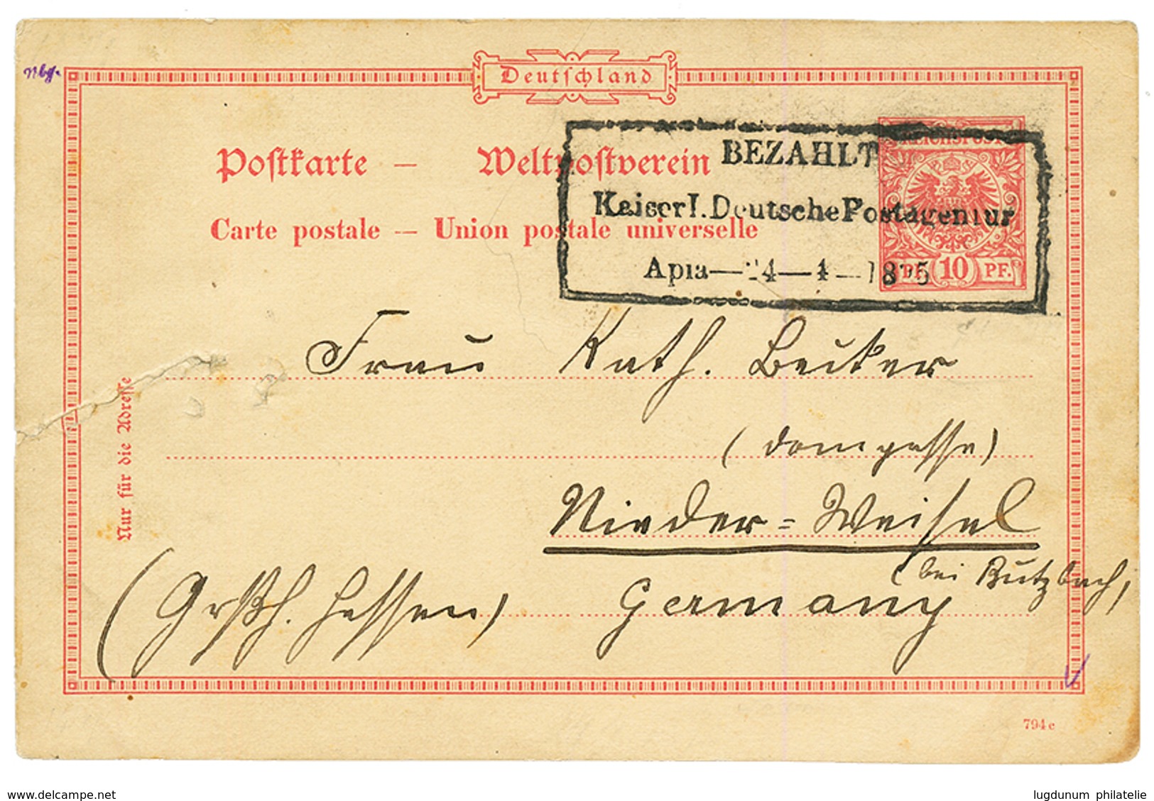 SAMOA - VORLAUFER : GERMANY Postal Stationery 10pf (small Tear At Left) Canc. BEZAHLT / Kaiserl Deutsche Postagentur/ Ap - Samoa