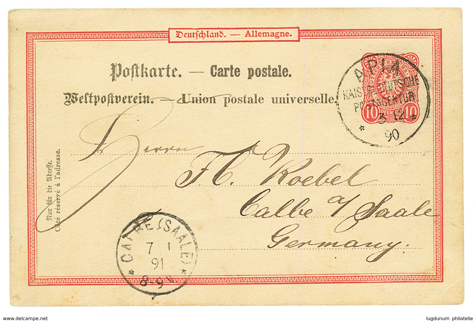 SAMOA - VORLAUFER : 1890 GERMANY P./Stat 10pf Canc. APIA KDPAg To GERMANY. Superb. - Samoa