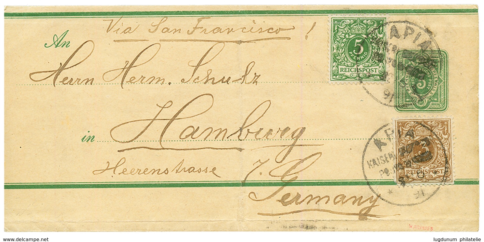 SAMOA - VORLAUFER : 1891 P./Stat 5pf + 3pf + 5pf Canc. APIA To GERMANY. Scarce. Vvf. - Samoa