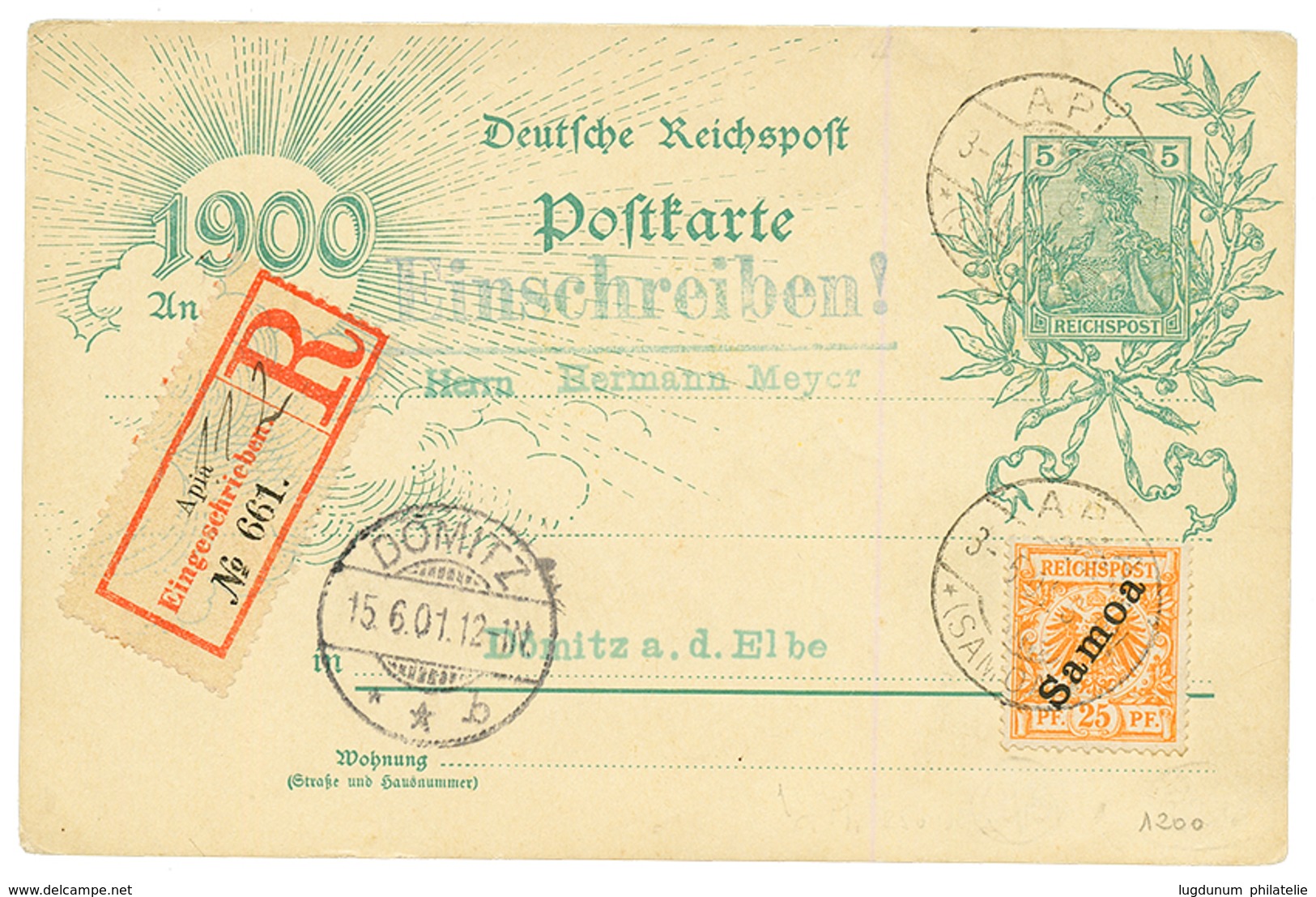 SAMOA : 1901 GERMANY P./Stat 5pf GERMANIA + SAMOA 25pf Canc. APIA Sent REGISTERED To GERMANY. Vvf. - Samoa