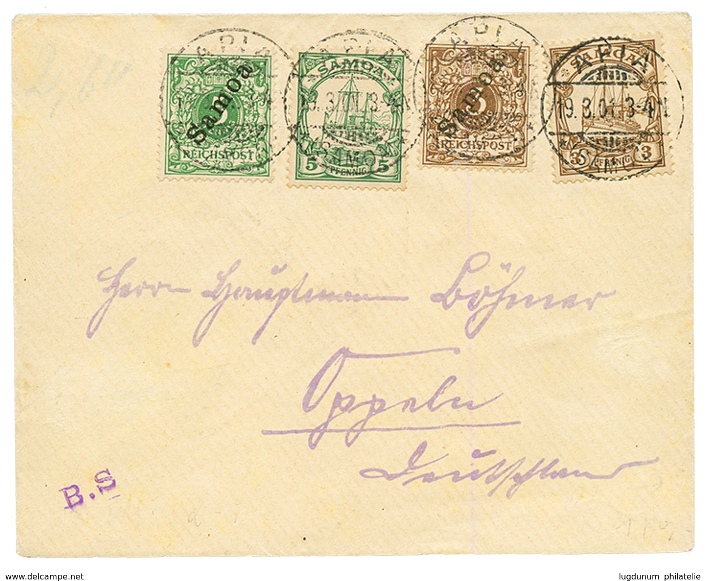 SAMOA : 1901 Mixt 3pf(n°1) + 3pf(n°7) + 5pf(n°2) + 5pf(n°8) Canc. APIA On Envelope To GERMANY. Vf. - Samoa