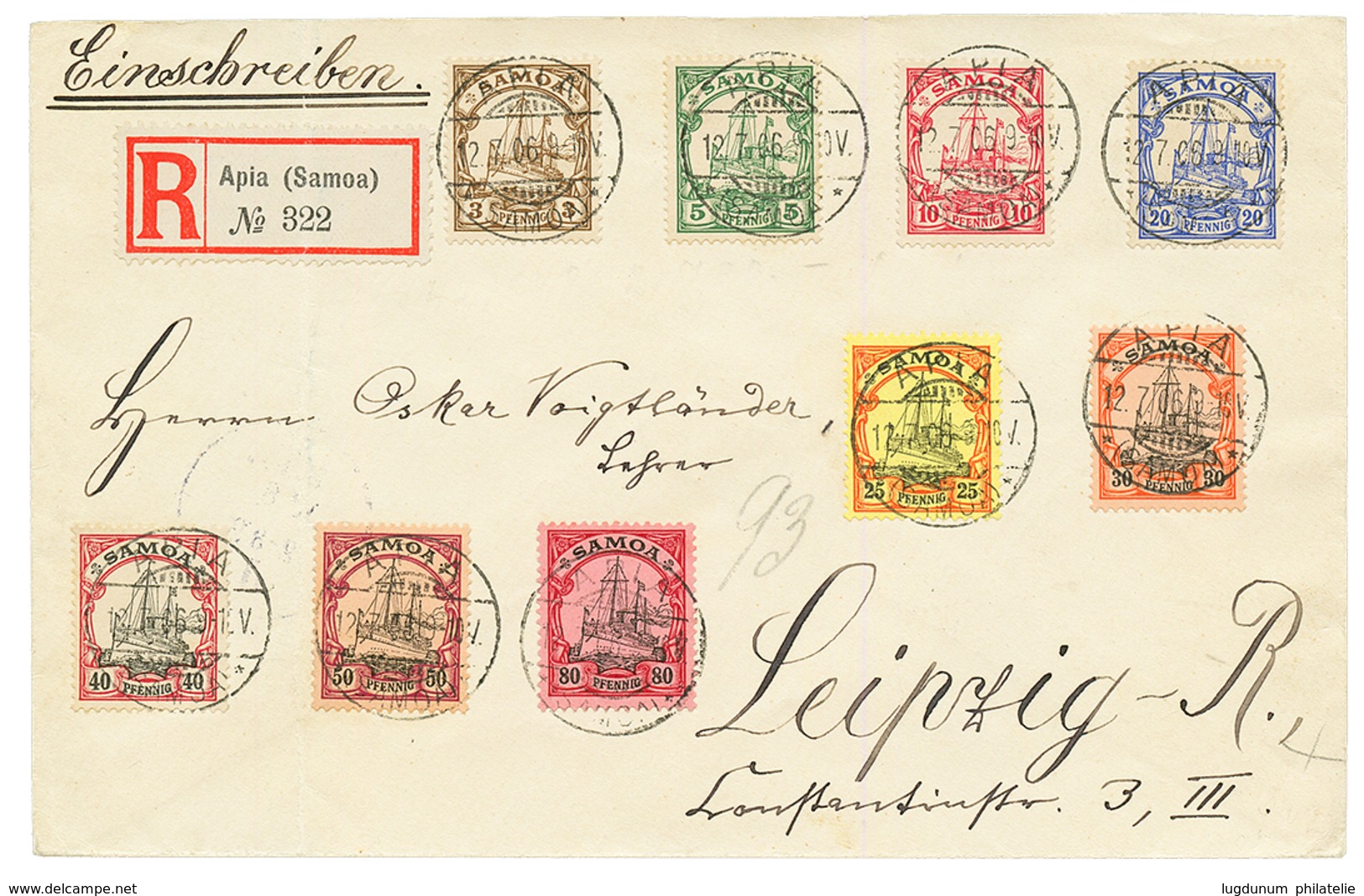 SAMOA : 1906 3pf To 80pf Canc. APIA On REGISTERED Envelope To LEIPZIG. Superb. - Samoa