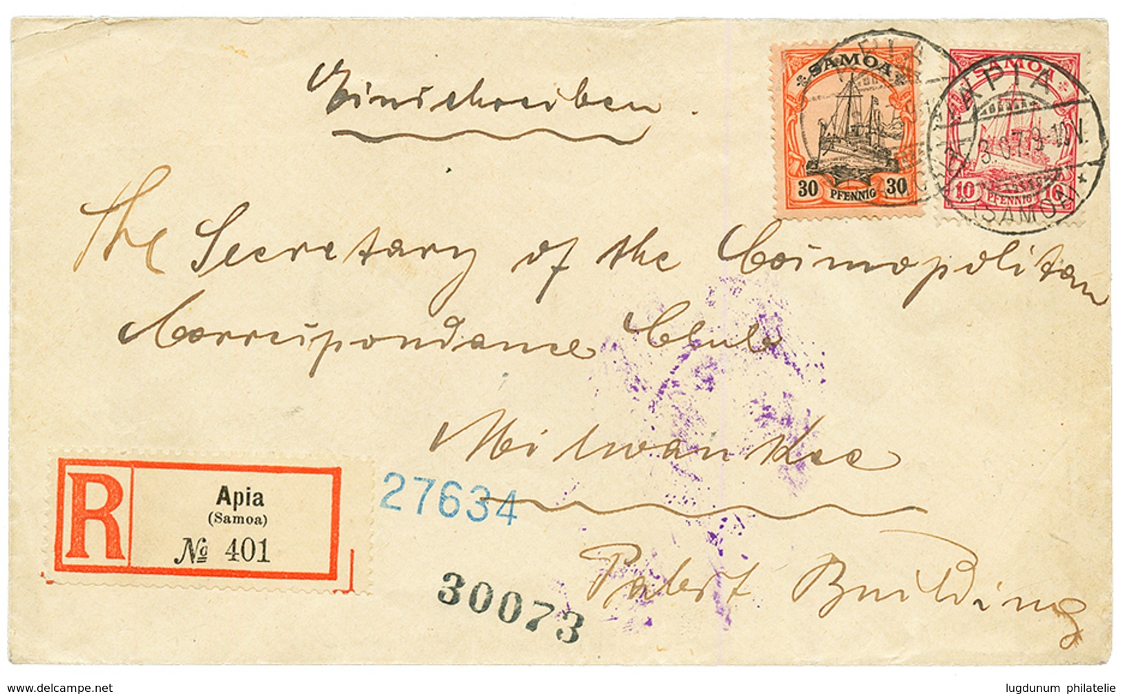 SAMOA : 1907 10pf + 30pf Canc. APIA On REGISTERED Envelope Via SAN FRANCISCO To MILWAUKEE (USA). Vvf. - Samoa