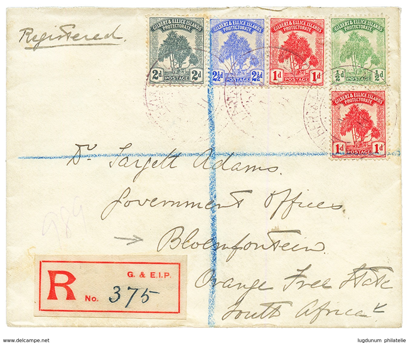 GILBERT ISLANDS To ORANGE FRE STATES : 1911 1/2d+ 1d(x2)+ 2d+ 2 1/2d On REGISTERED Envelope To BLOEMFONTEIN SOUTH AFRICA - Îles Gilbert Et Ellice (...-1979)