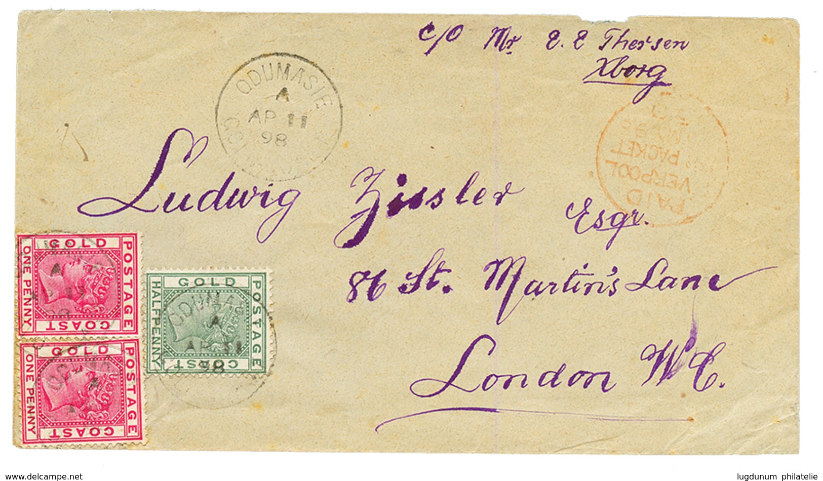 "ODUMASIE - GOLD COAST " : 1898 1/2d + 1d(x2) Canc. ODUMASIE On Envelope To LONDON. RARE. Vf. - Costa D'Oro (...-1957)