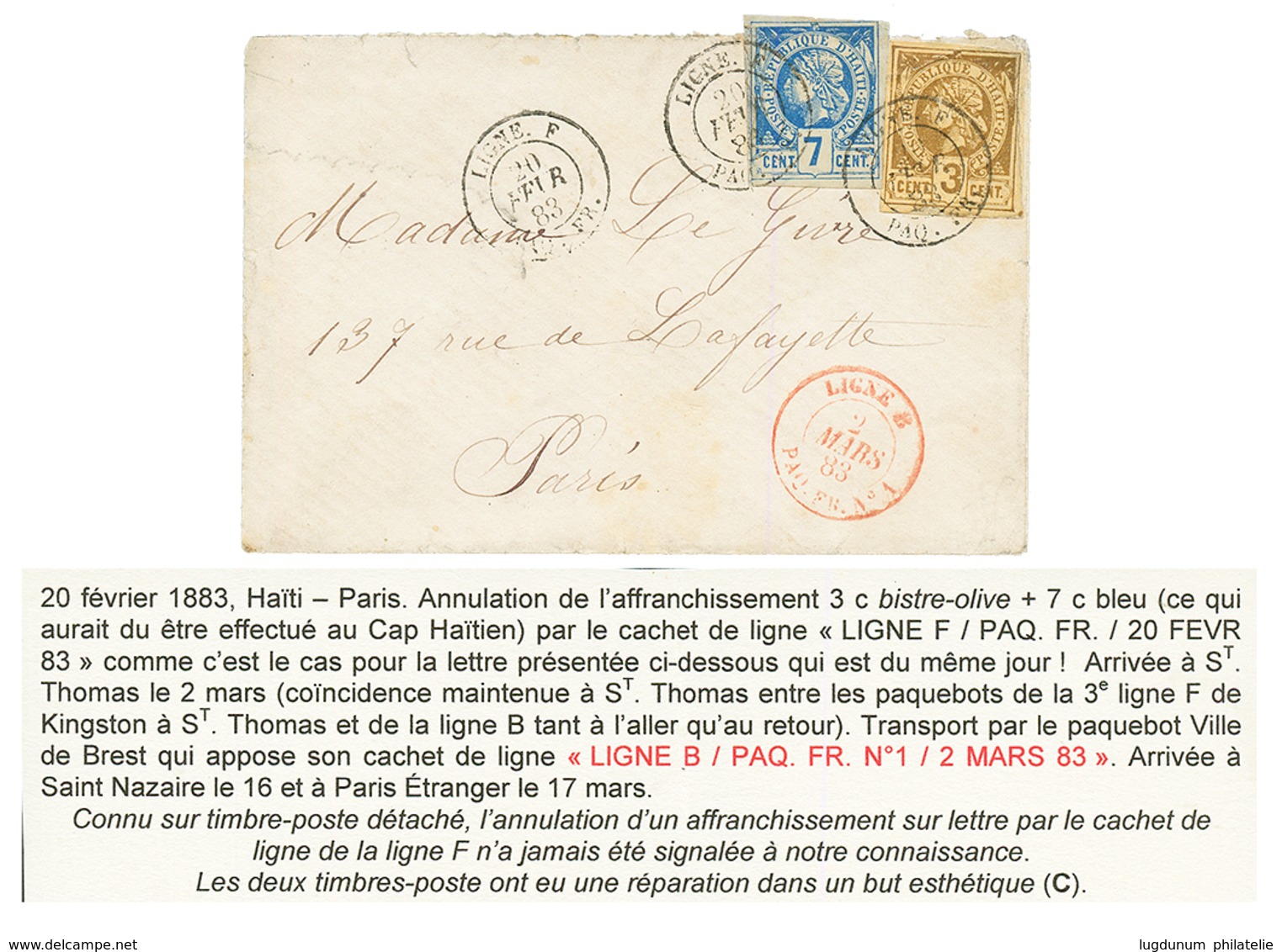HAITI - LIGNE F : 1883 3c + 7c Canc. By French Maritime Cds LIGNE F PAQ FR + LIGNE B PAQ FR In Red On Envelope To FRANCE - Haiti