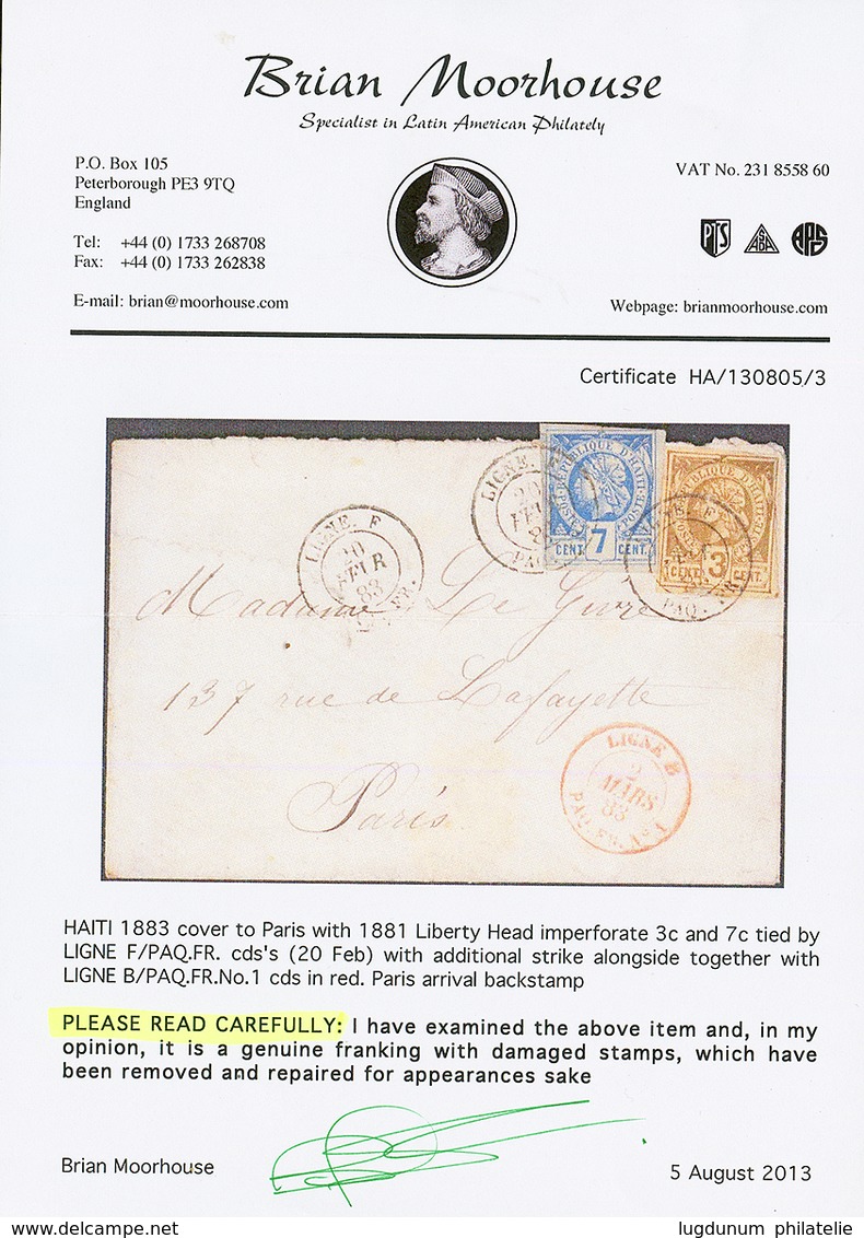 HAITI - LIGNE F : 1883 3c + 7c Canc. By French Maritime Cds LIGNE F PAQ FR + LIGNE B PAQ FR In Red On Envelope To FRANCE - Haití