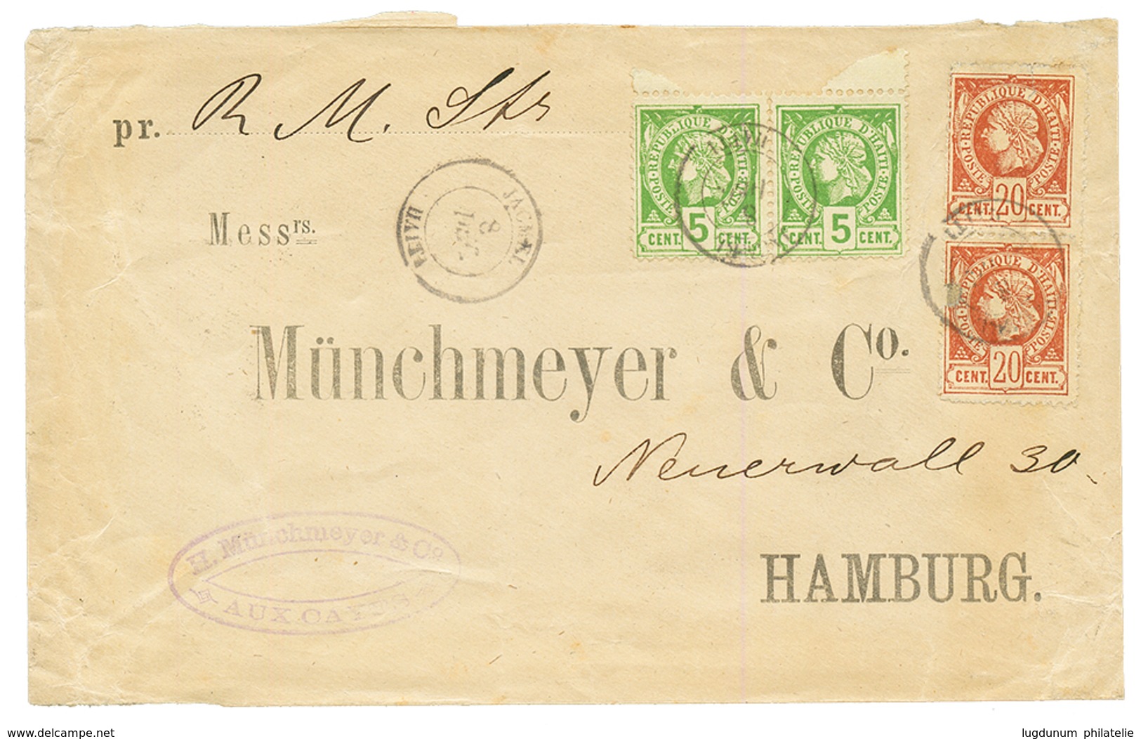 HAITI : 1886 5c(x2) + 20c(x2) Canc. JACMEL On Envelope (Faults On Reverse) To GERMANY. Vf. - Haiti