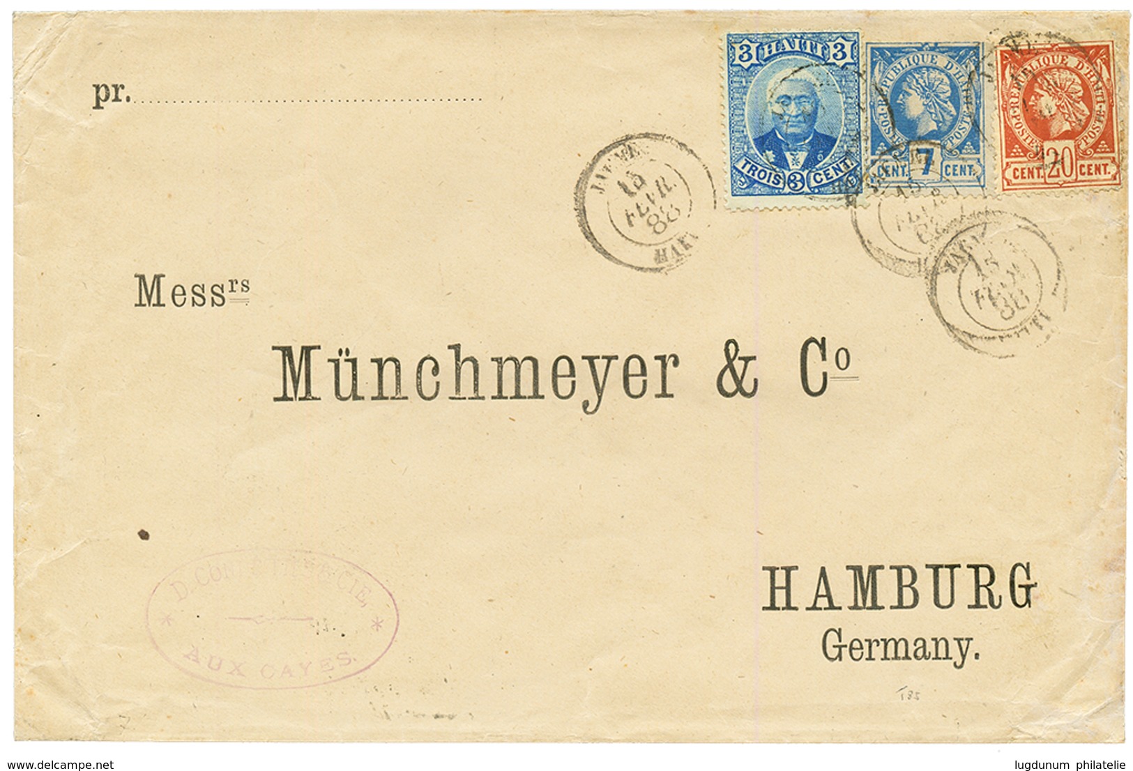 HAITI : 1888 3c + 7c+ 20c Canc. JACMEL On Envelope To GERMANY. Ex. SABATTINI. Vf. - Haïti