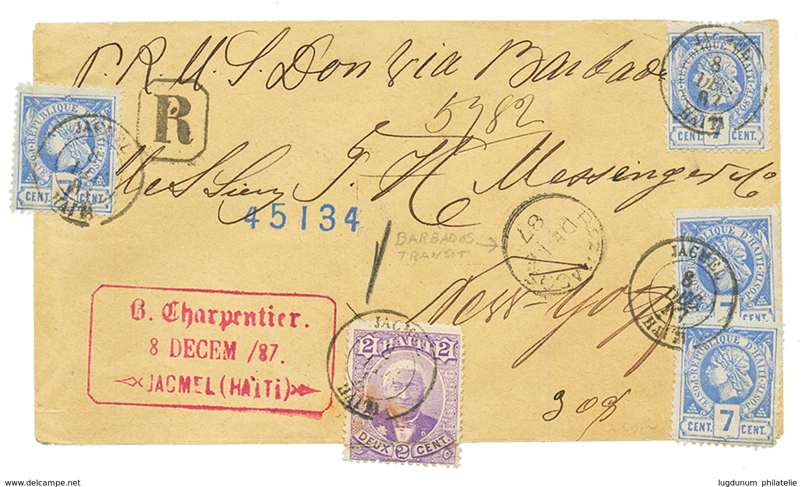 HAITI : 1887 2c + 7c(x4) Canc. JACMEL + Transit BARBADOS On Envelope To NEW YORK (USA). Some Faults. Vf. - Haiti