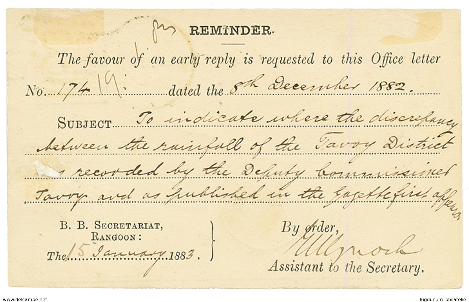 INDIA - BURMA : 1885 H.M.S 1/4a P./Stationery Canc. R + RANGOON To TAVOY. Small Tear. Vvf. - Altri & Non Classificati