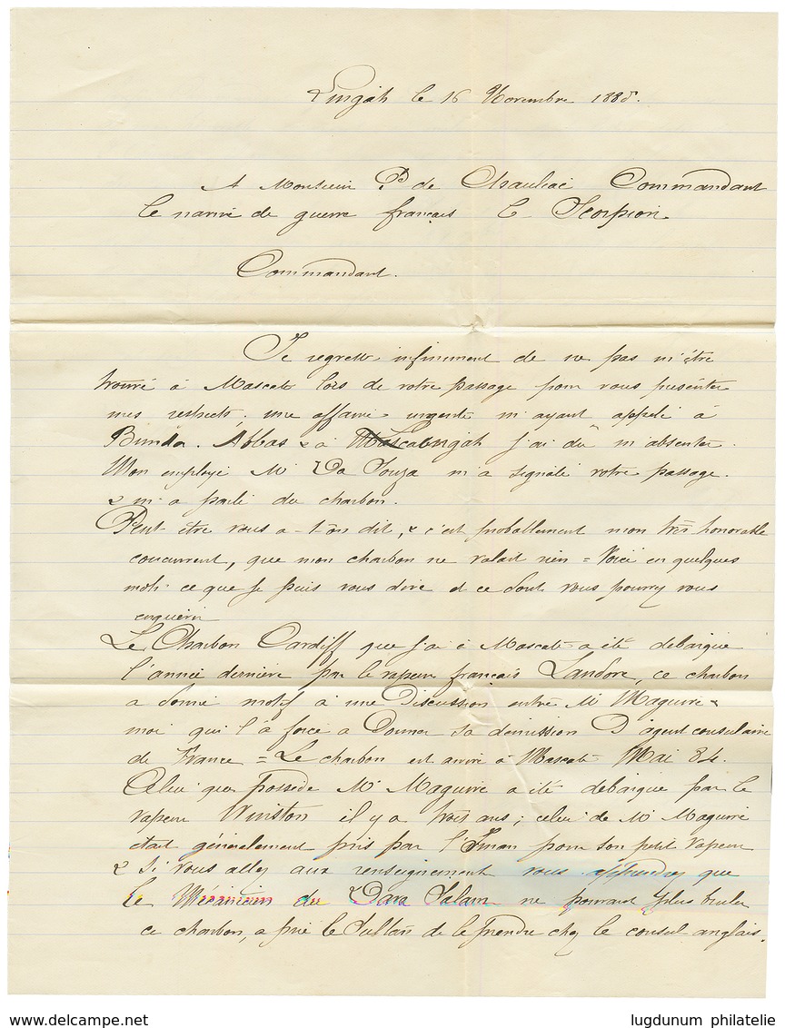 LINGA To French Gunboat "SCORPION" Via MUSCAT : 1885 INDIA 1a(x2) Canc. B + LINGA On Envelope With Full Text From LINGA  - Altri & Non Classificati