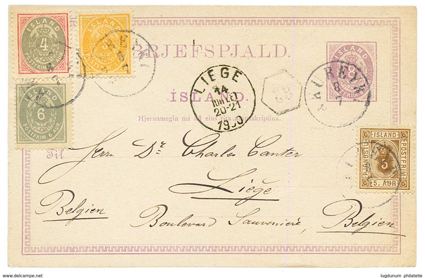 ICELAND : 1900 P./Stat 8a + 3a+ 4a+ 5a+ 6a Canc. AKUREYRI To BELGIUM. Scarce. Vvf. - Autres & Non Classés