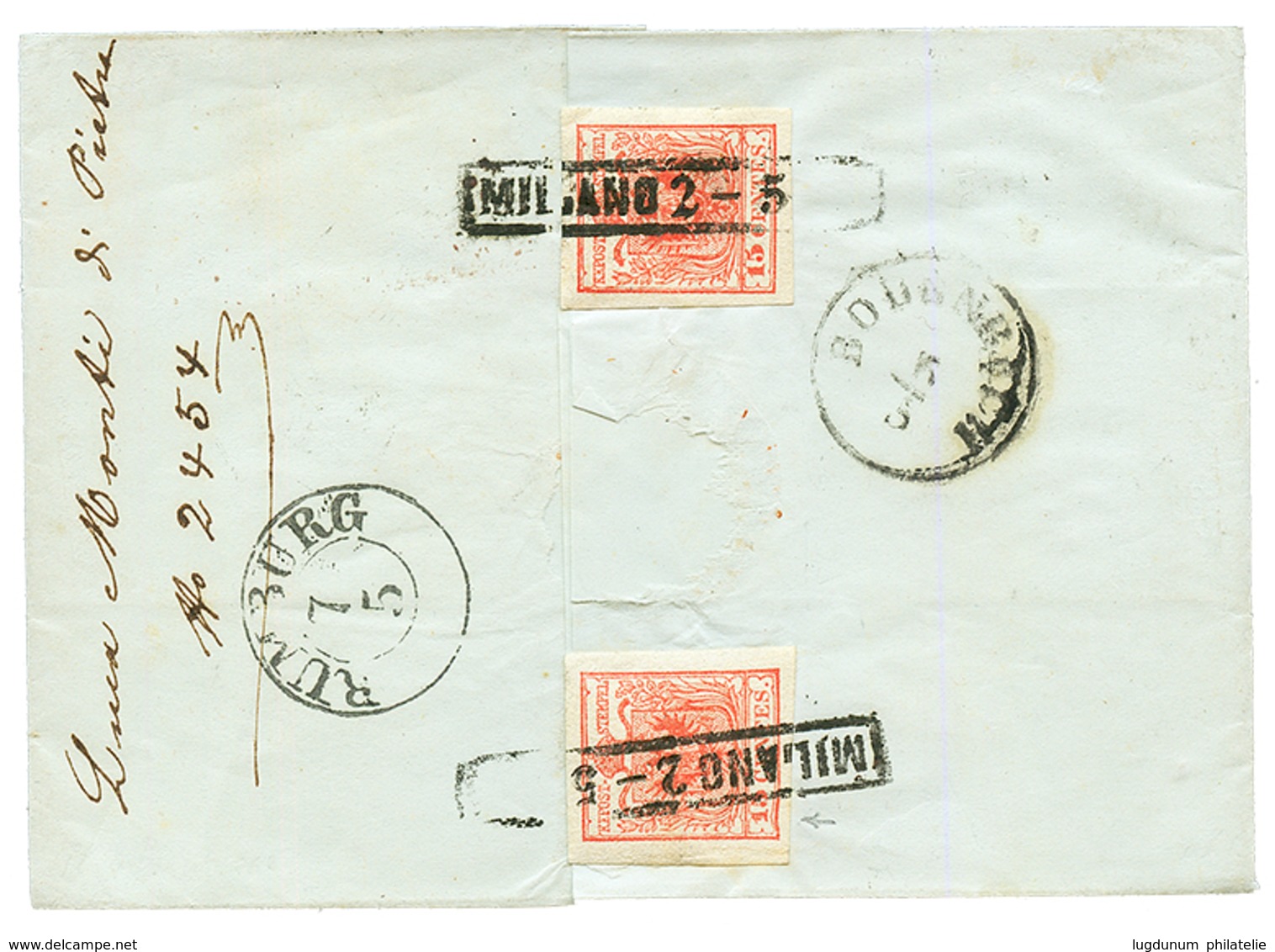 LOMARDO-VENETIA : 15c(x5) Canc. MILANO + RACCOMANDATA On Front + Reverse Of Letter To RUMBURG (BÖHMEN). All Stamps With  - Sin Clasificación