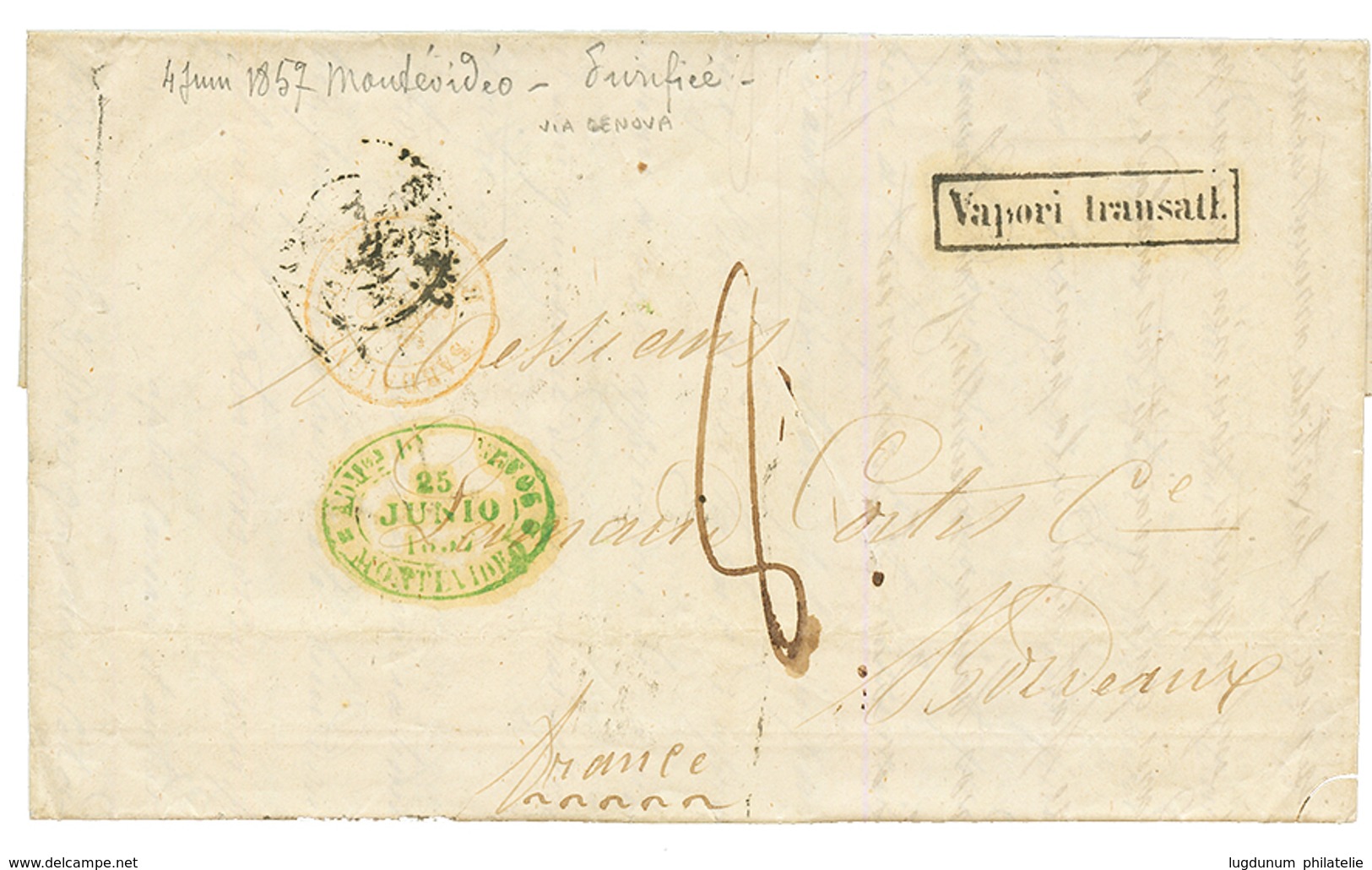 1857 Boxed VAPORI TRANSATL. On Disinfected Entire Letter From MONTEVIDEO URUGUAY To FRANCE. Superb. - Non Classés