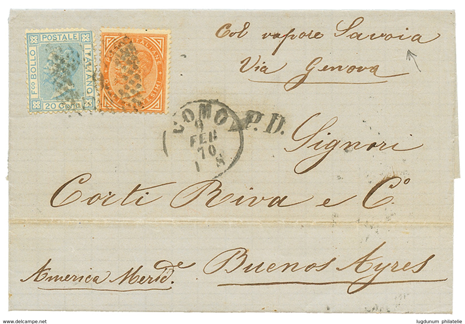 "30c To ARGENTINA" : 1870 10c + 30c Canc. 6 + COMO + "COL. VAPORE SAVOIA" On Cover To BUENOS-AIRES. Vvf. - Sin Clasificación
