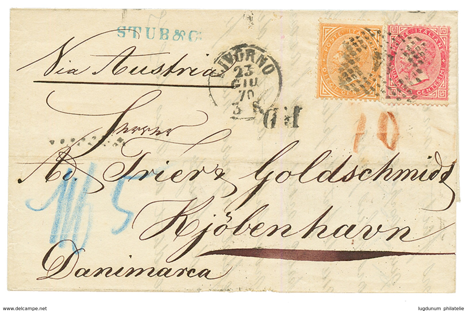 "50c To DENMARK" : 1870 10c + 40c On Cover From LIVORNO Via VERONA To KJOBENHAVN (DENMARK). Superb. - Sin Clasificación