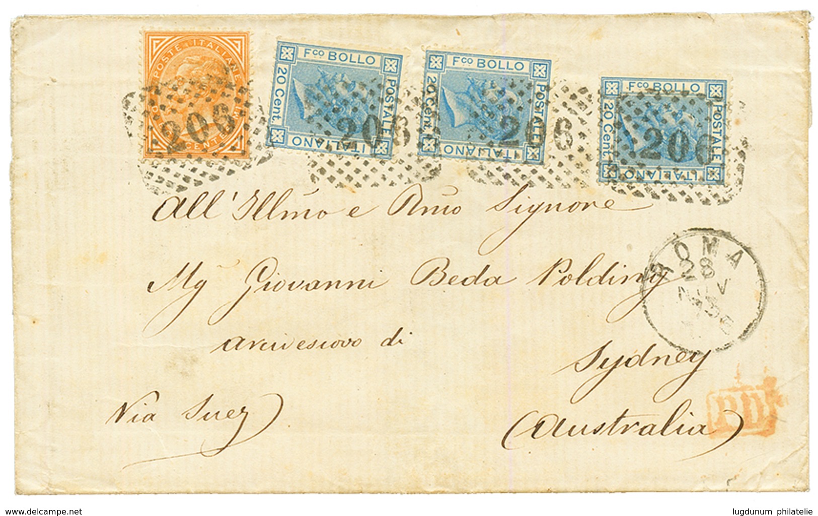 "70c To AUSTRALIA" : 1873 10c + 20c(x3) On Cover From ROMA To SYDNEY (AUSTRALIA). Verso, BRINDISI + SYDNAY. Vvf. - Non Classés