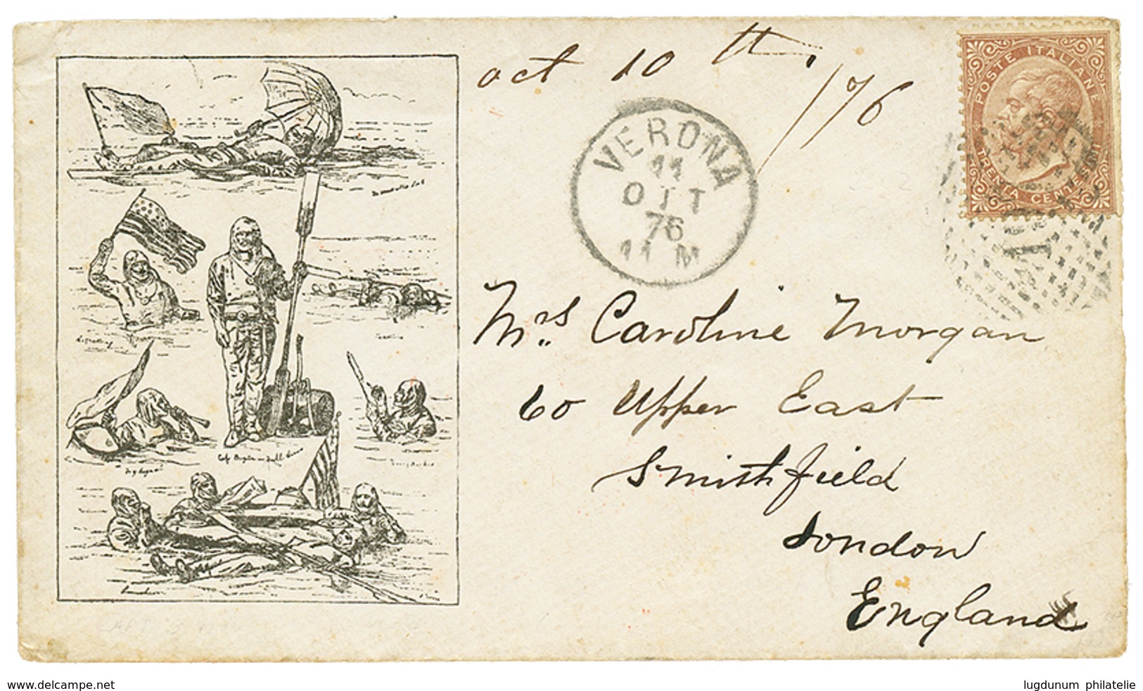 1876 30c On Superb Illustrated Envelope From VERONA To GREAT-BRITAIN. Scarce. Vvf. - Non Classificati