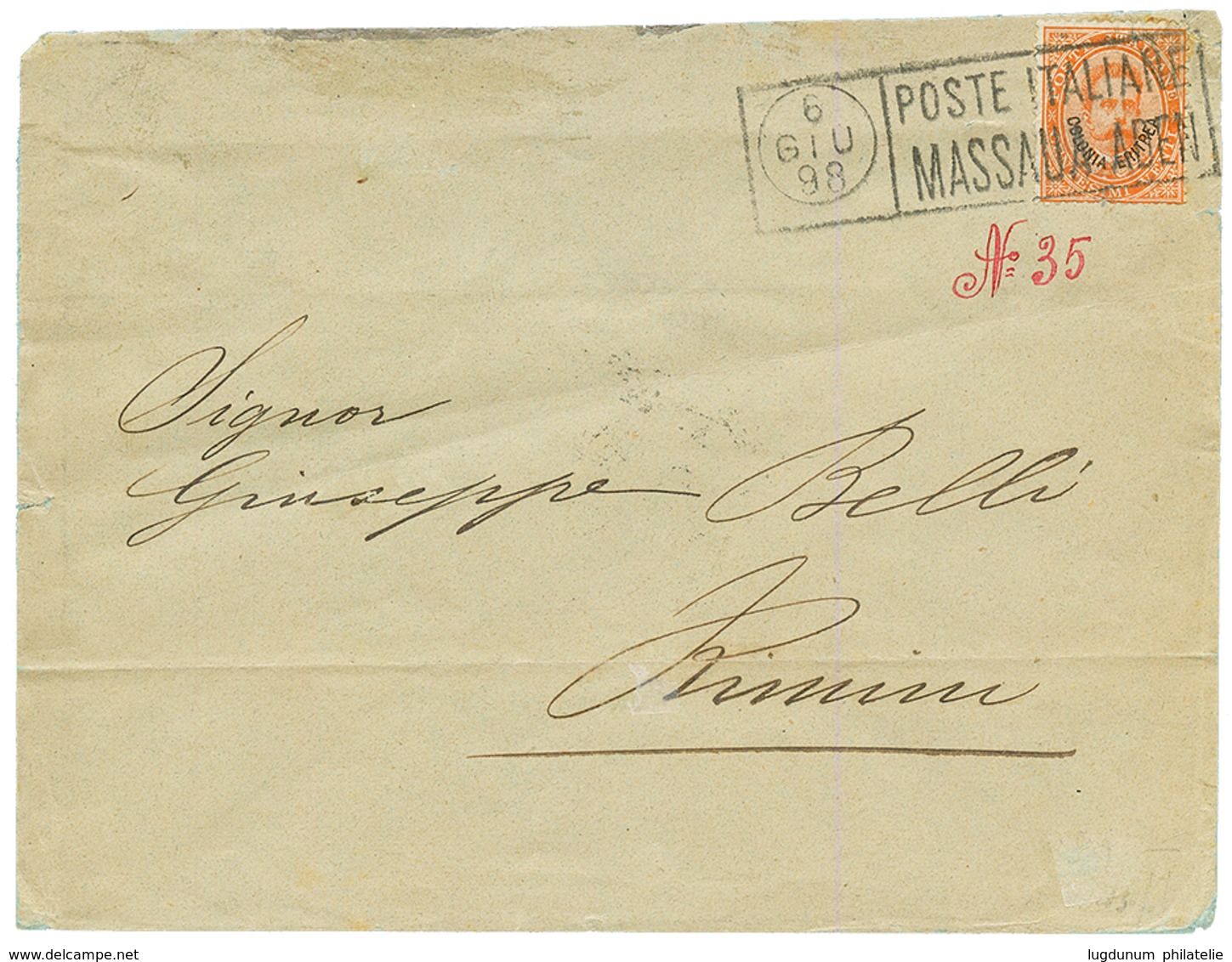 ERITREA : 1898 ERITREA 20c Canc. T.P.O Boxed POSTE ITALIANE/ MASSUA - ADEN On Envelope (fault On Reverse) To ITALY With  - Ohne Zuordnung