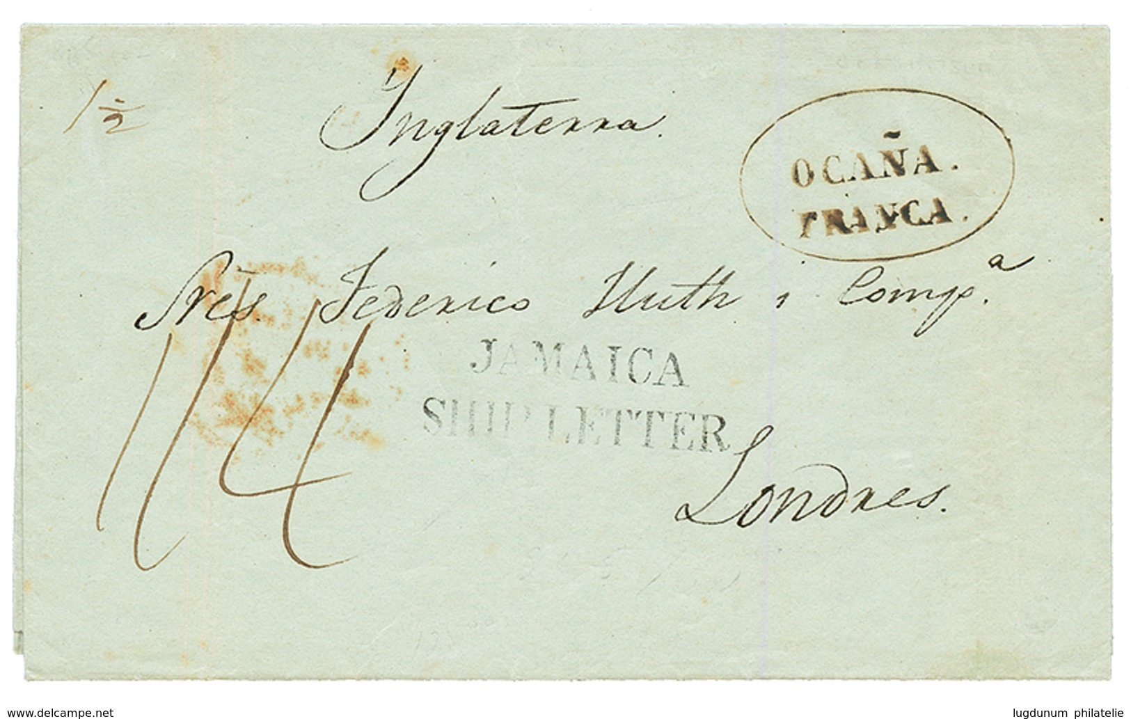 JAMAICA : 1845 OCANA FRANCA + JAMAICA SHIP LETTER On Entire Letter From OCANA (COLOMBIA) To ENGLAND. Vvf. - Jamaïque (...-1961)