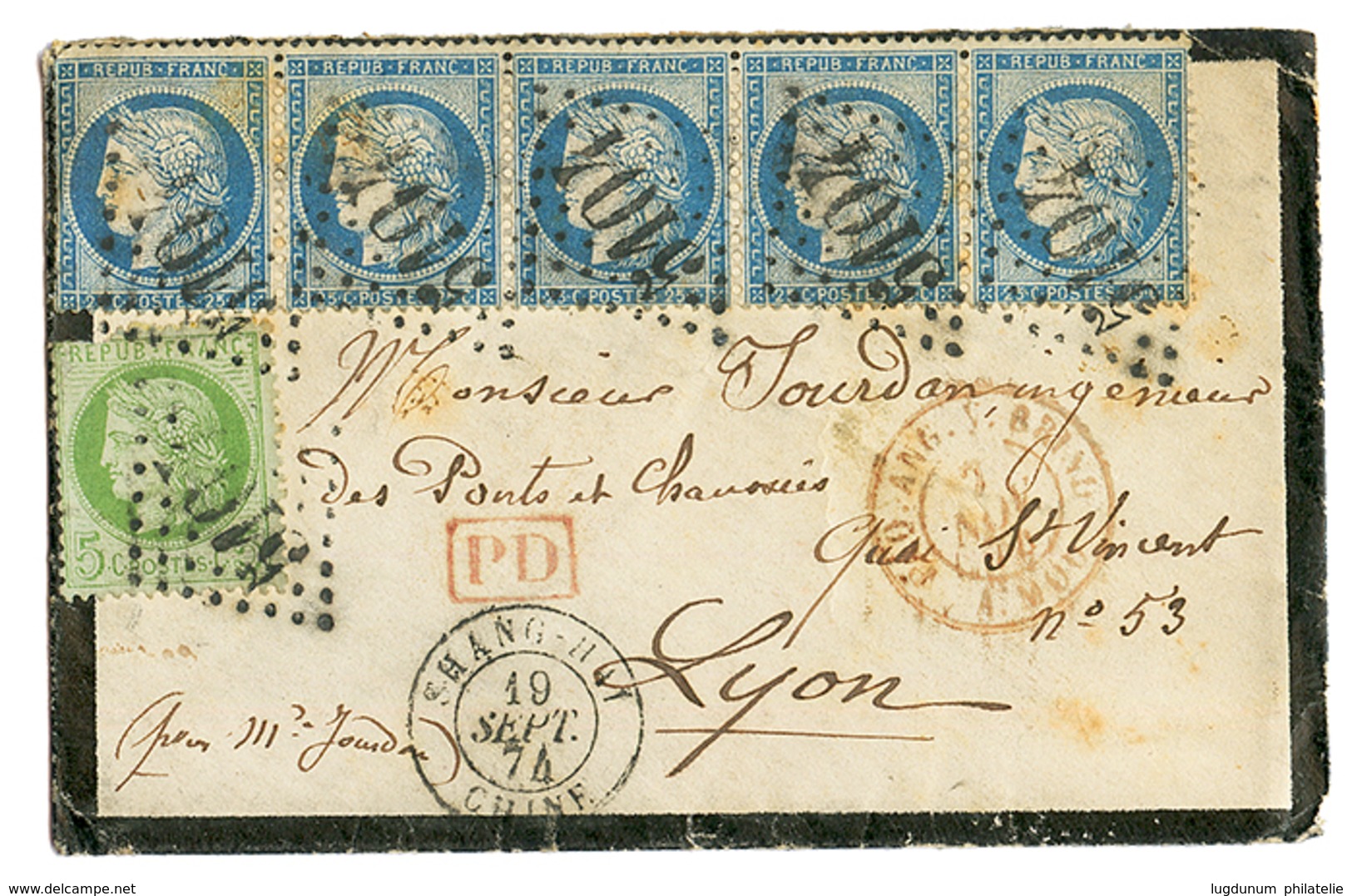 "NAGASAKI Via CHINA" : 1874 FRANCE 5c(pd) + 25c(x5) Canc. GC 5104 + SHANG-HAI CHINE On Envelope With Full Text Datelined - Andere & Zonder Classificatie